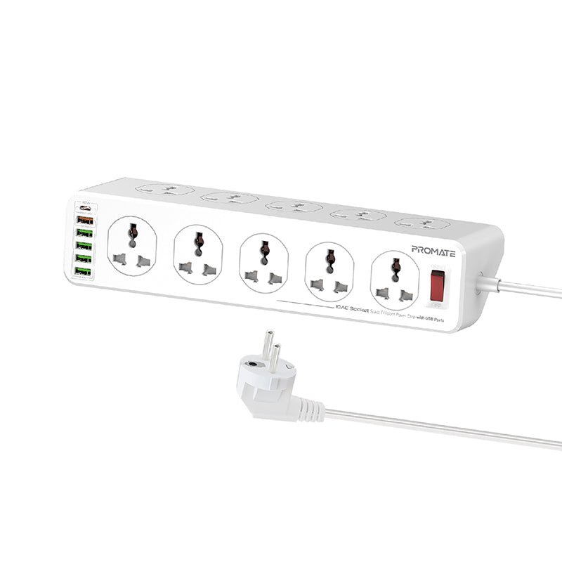 Promate Power Strip with 4 USB Ports, 10 AC Outlets, 20W USB-C PD, 18W QC 3.0 and 5M Cord, PowerMatrix-5M EU Plug