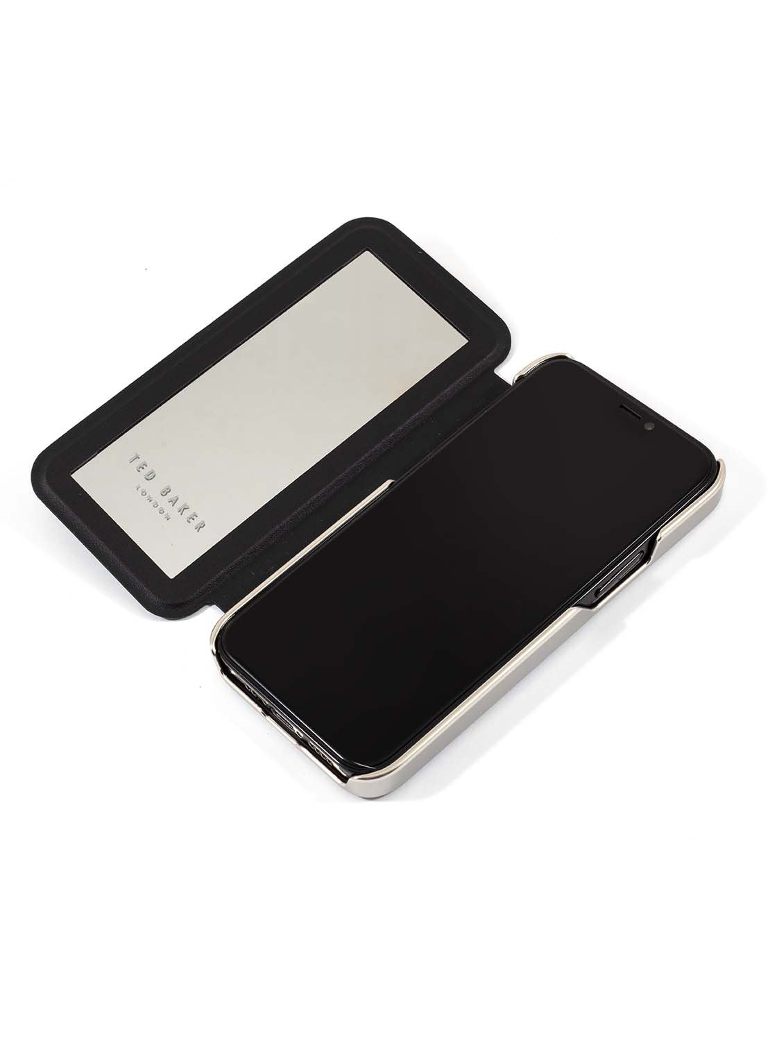 Ted Baker iPhone 12 Mini Mirror Folio Case - Elegant Book Case w/ Built-in Mirror, Wireless Charging Compatible, Women/Girls Phone Case - Elder Flower Black Silver