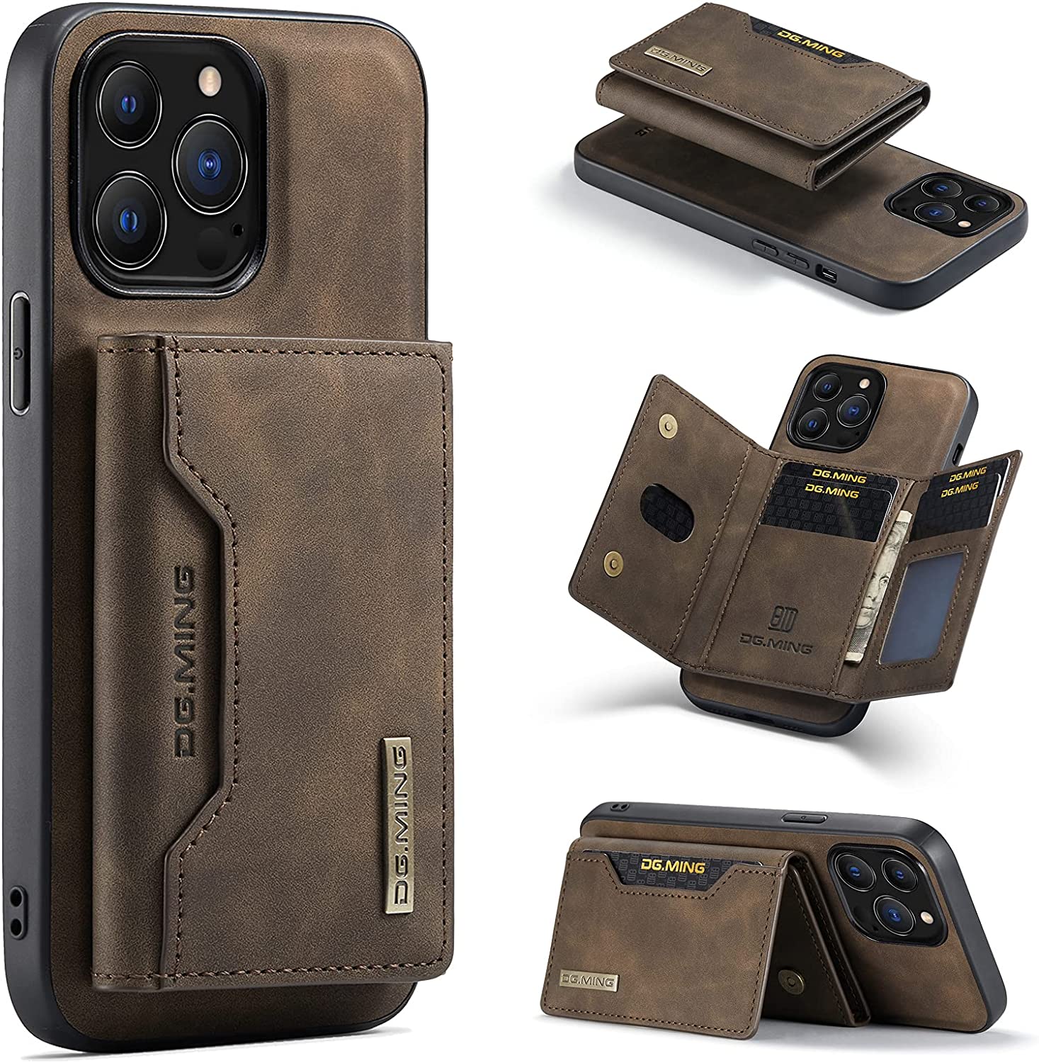 Wallet Case Compatible with iPhone 13 Pro Max DG.MING Premium Leather Phone Case Back Cover Magnetic Detachable with Trifold Wallet Card Holder Pocket (Coffee)