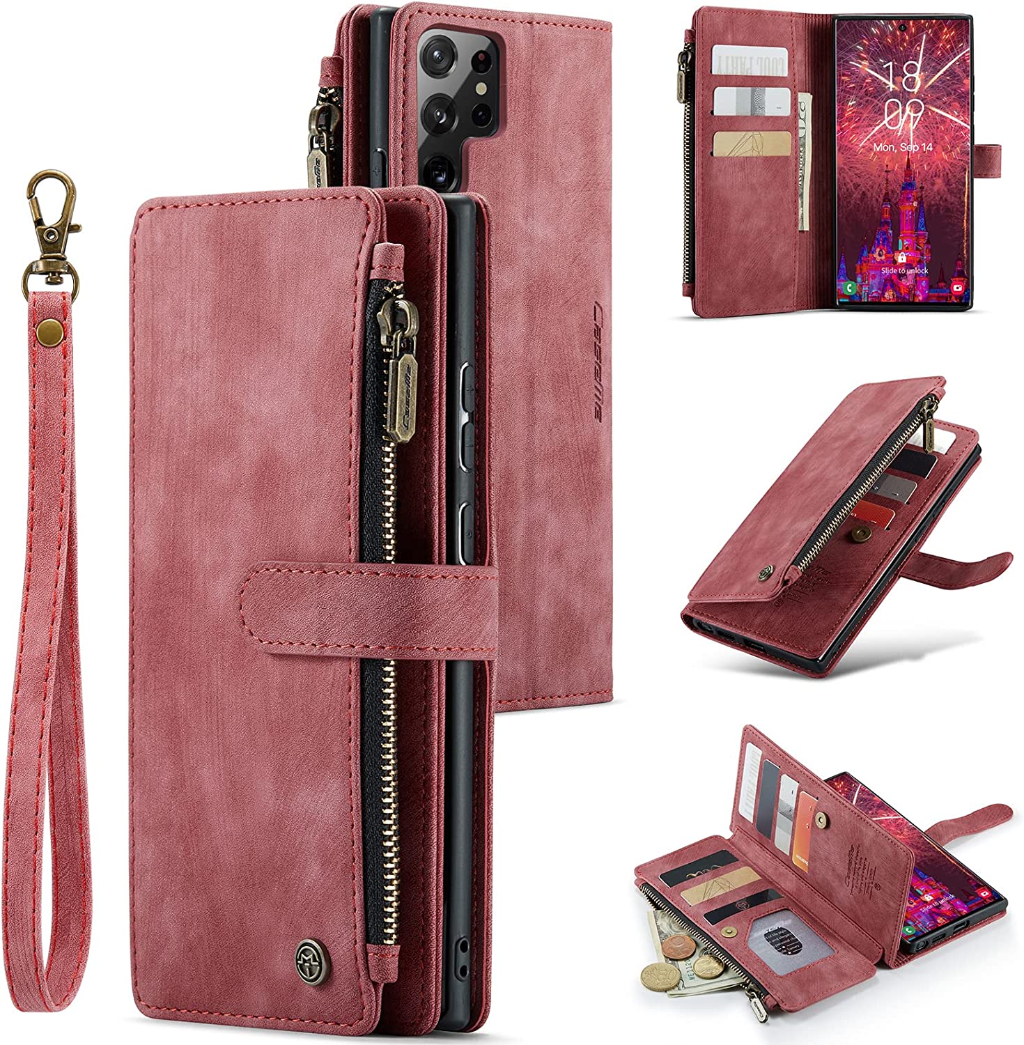 CaseMe Samsung Galaxy S22 Ultra Wallet Phone CaseRetro Suede PU Leather Zipper Wallet Case with Strap Wristlet Magnetic Closure and 10 Card Slots Shockproof Protective for Samsung S22 UltraRED