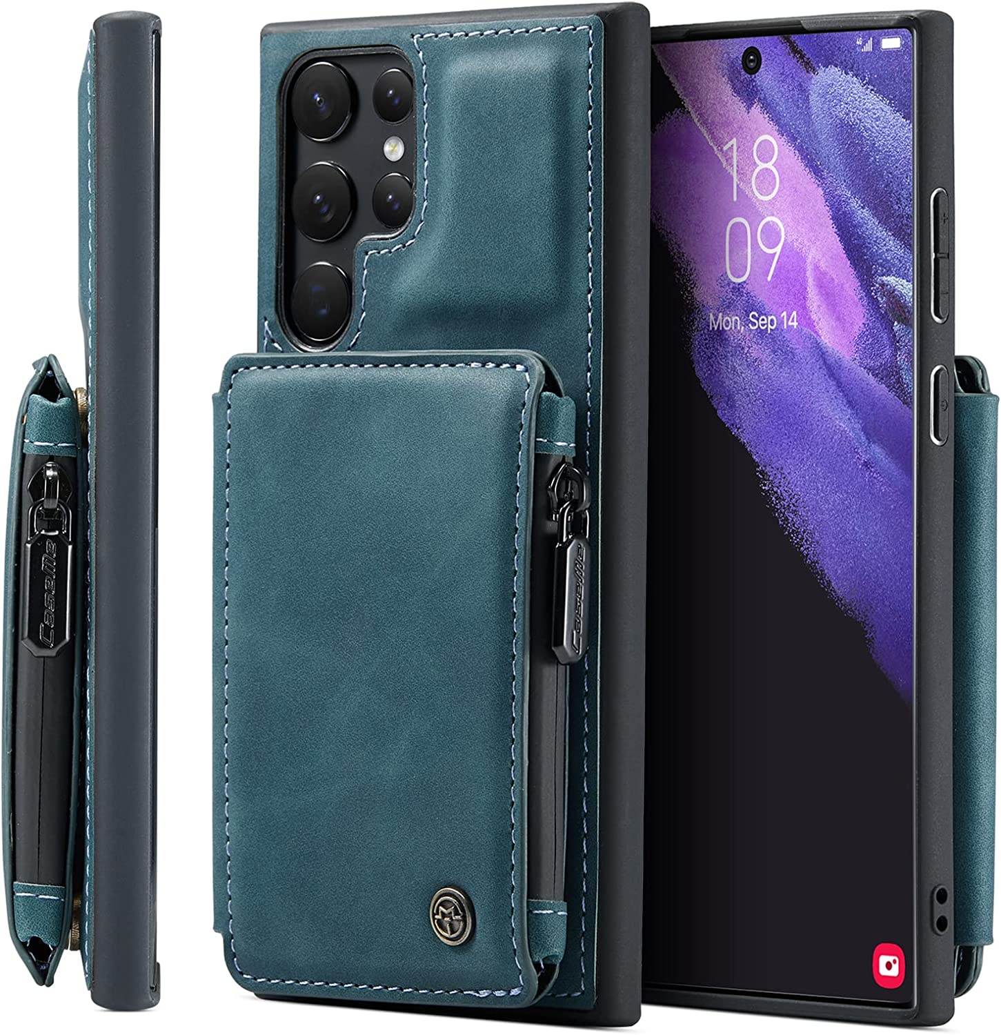 Caseme for Samsung Galaxy S22 Ultra Double Magnetic Clasp Zipper Purse PU Leather Wallet Case with Credit Card Slot Holder Back Flip Cover Blue