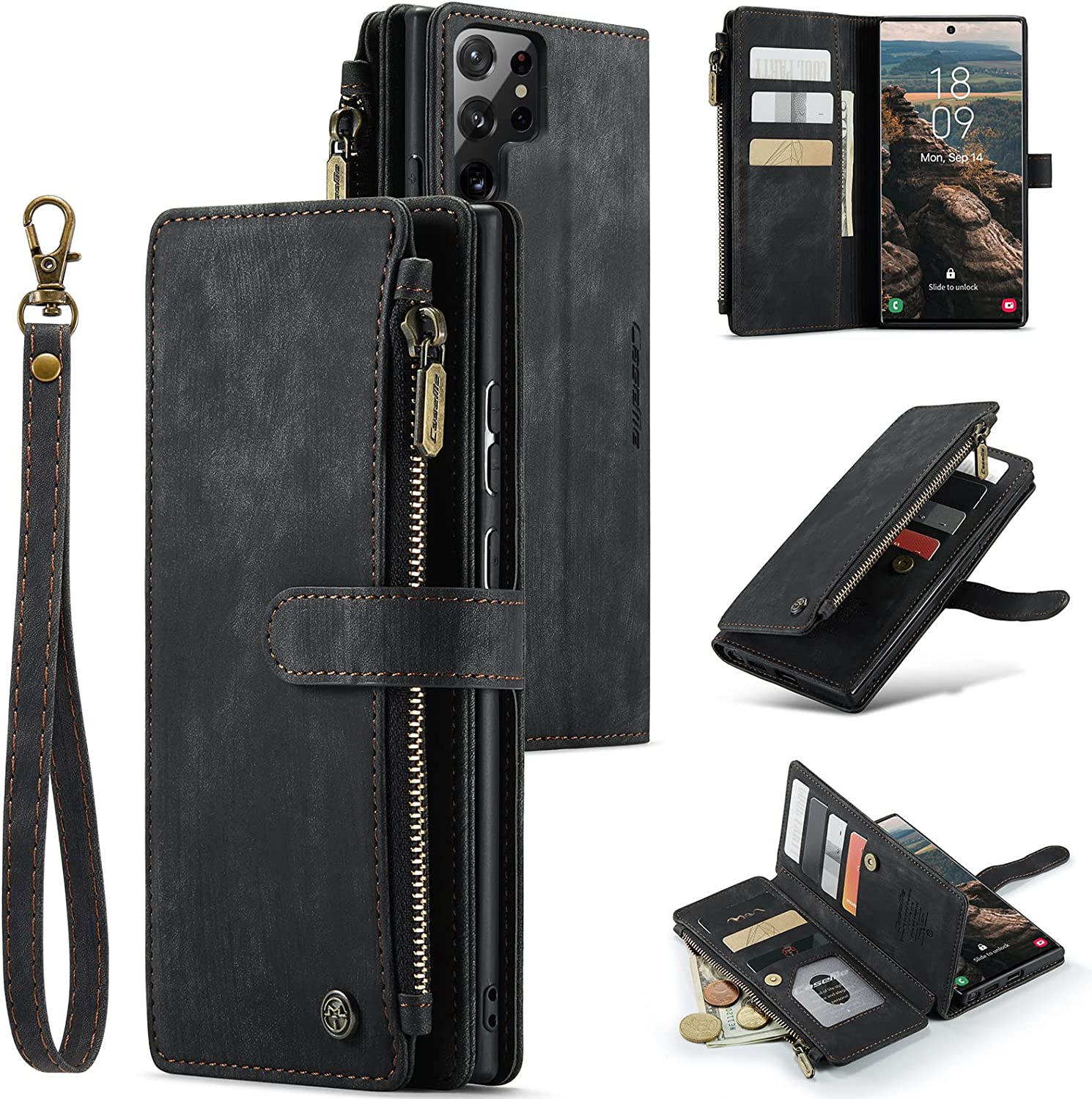 CaseMe Samsung Galaxy S22 Ultra Wallet Phone CaseRetro Suede PU Leather Zipper Wallet Case with Strap Wristlet Magnetic Closure and 10 Card Slots Shockproof Protective for Samsung S22 UltraBlack