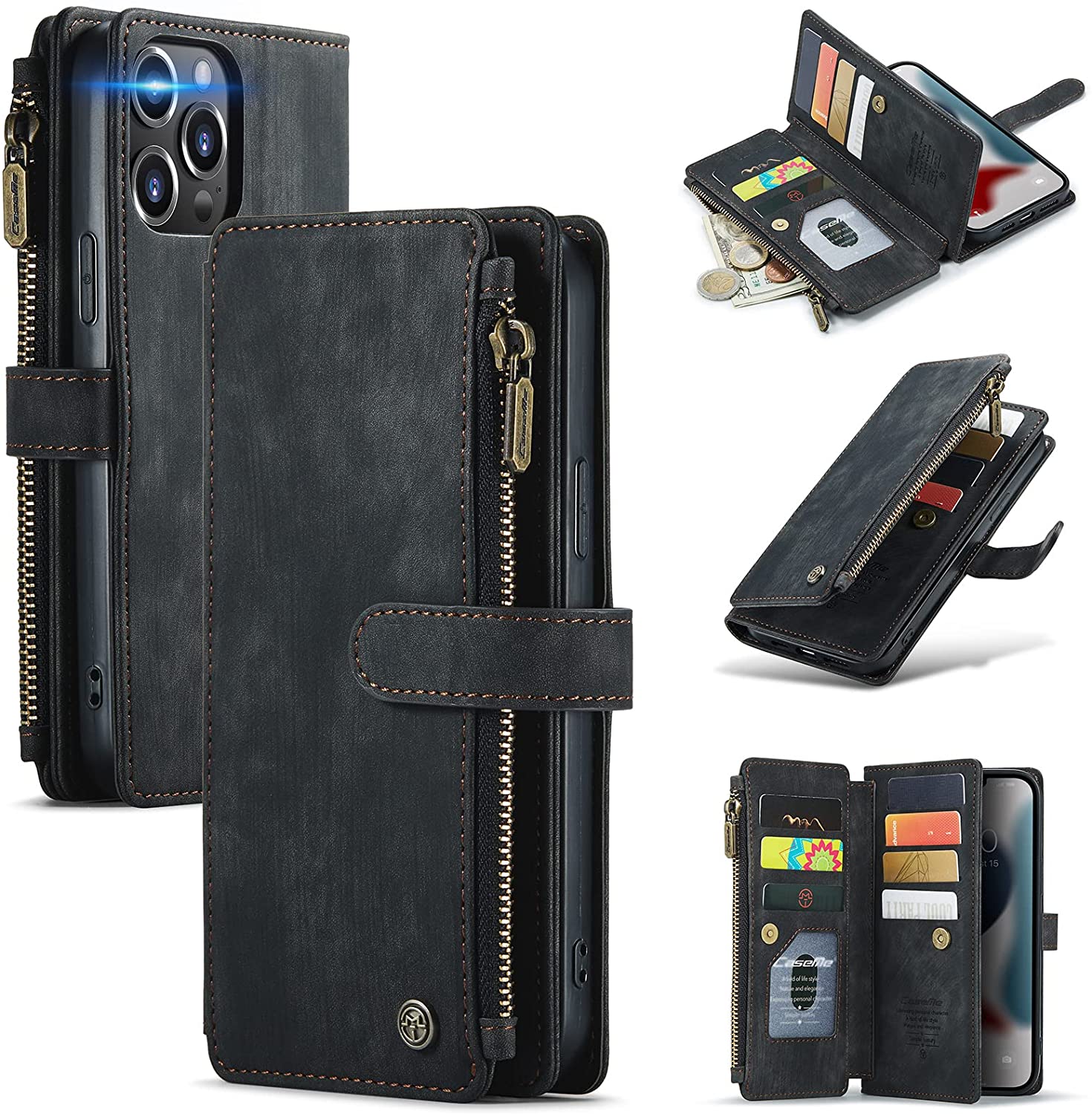 CaseMe Wallet Folio Flip Case for iPhone 13 Pro Max Suede Retro Leather Cover Wallet 10 Card Slots Magnetic Closure Change Slim Handbag Zipper Pocket Kickstand Cover for iPhone 13 Pro Max Black