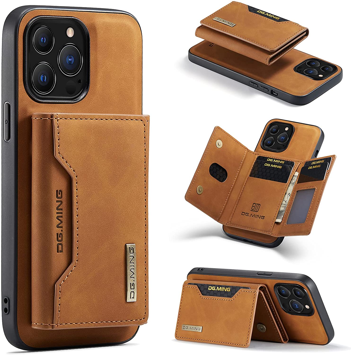 Wallet Case Compatible with iPhone 13 Pro Max DG.MING Premium Leather Phone Case Back Cover Magnetic Detachable with Trifold Wallet Card Holder Pocket (Brown)