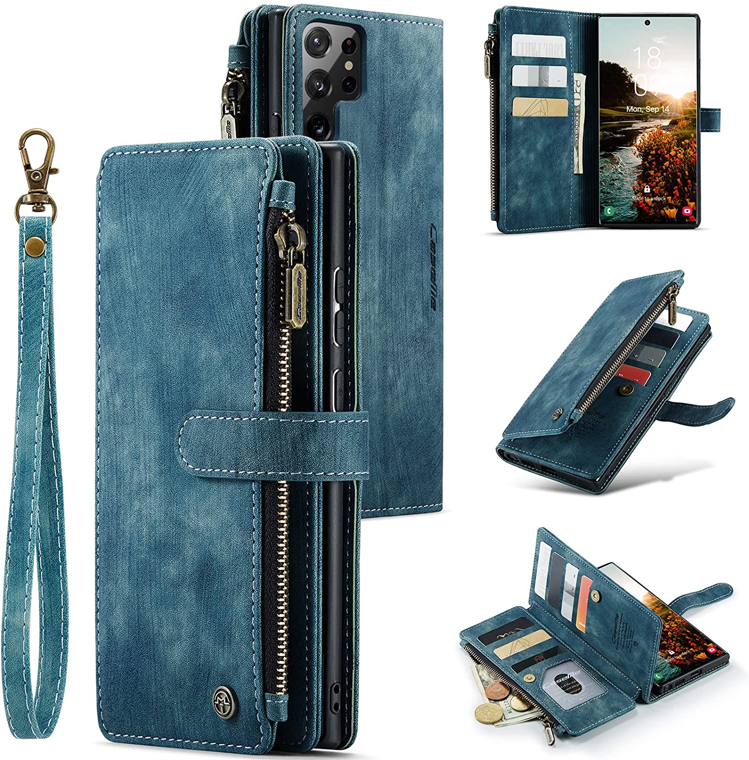 CaseMe Samsung Galaxy S22 Ultra Wallet Phone CaseRetro Suede PU Leather Zipper Wallet Case with Strap Wristlet Magnetic Closure and 10 Card Slots Shockproof Protective for Samsung S22 UltraBLUE