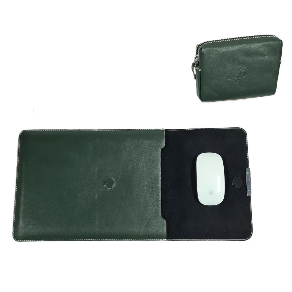 Aniline Leather Olive Green Laptop Sleeve with Gift Box