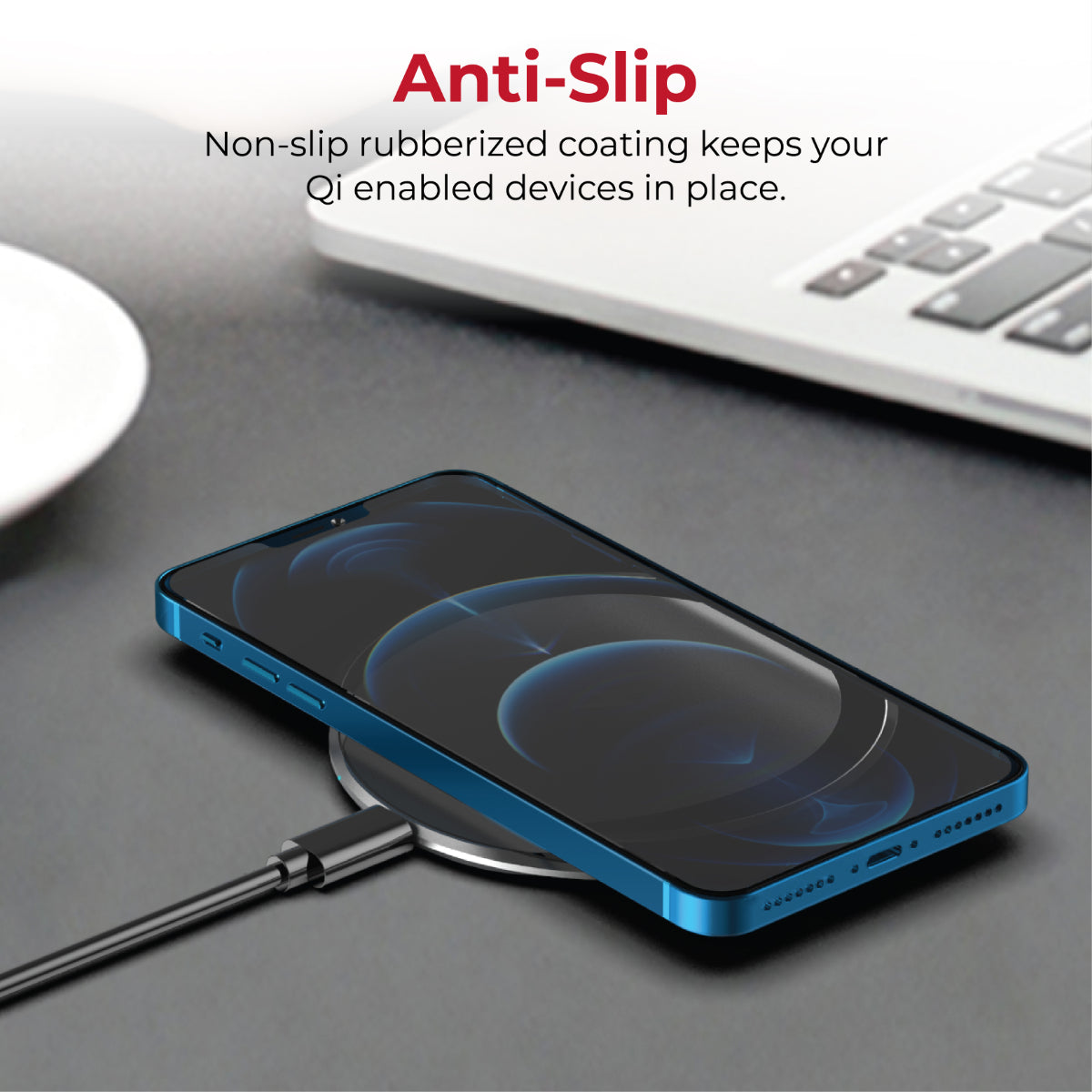 Promate Wireless Charger, Premium Ultra-Slim 15W Fast Wireless Charging Pad with Anti-Slip Surface and Multi-Protect, for iPhone 12/12 Pro Max, AirPods Pro, Galaxy S21, Buds Pro, Buds Live, AuraPad-15W Grey