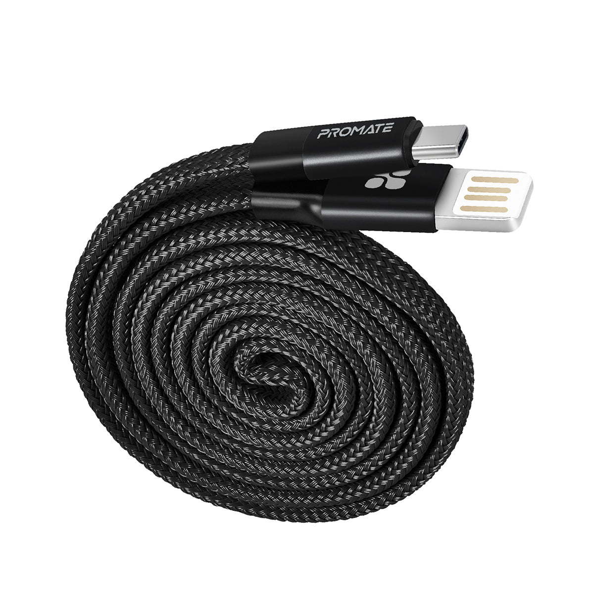 Promate - Auto-Coiling USB-C™ Cable, Premium Fabric Braided Aluminium Alloy Reversible USB-A to Type-C™ Cable With 2A Fast Charge and Sync 1.2 Meter Cord for All Type-C™ Smartphones, Tablet, Coiline-C Black