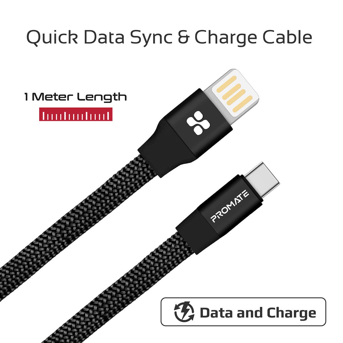 Promate - Auto-Coiling USB-C™ Cable, Premium Fabric Braided Aluminium Alloy Reversible USB-A to Type-C™ Cable With 2A Fast Charge and Sync 1.2 Meter Cord for All Type-C™ Smartphones, Tablet, Coiline-C Black