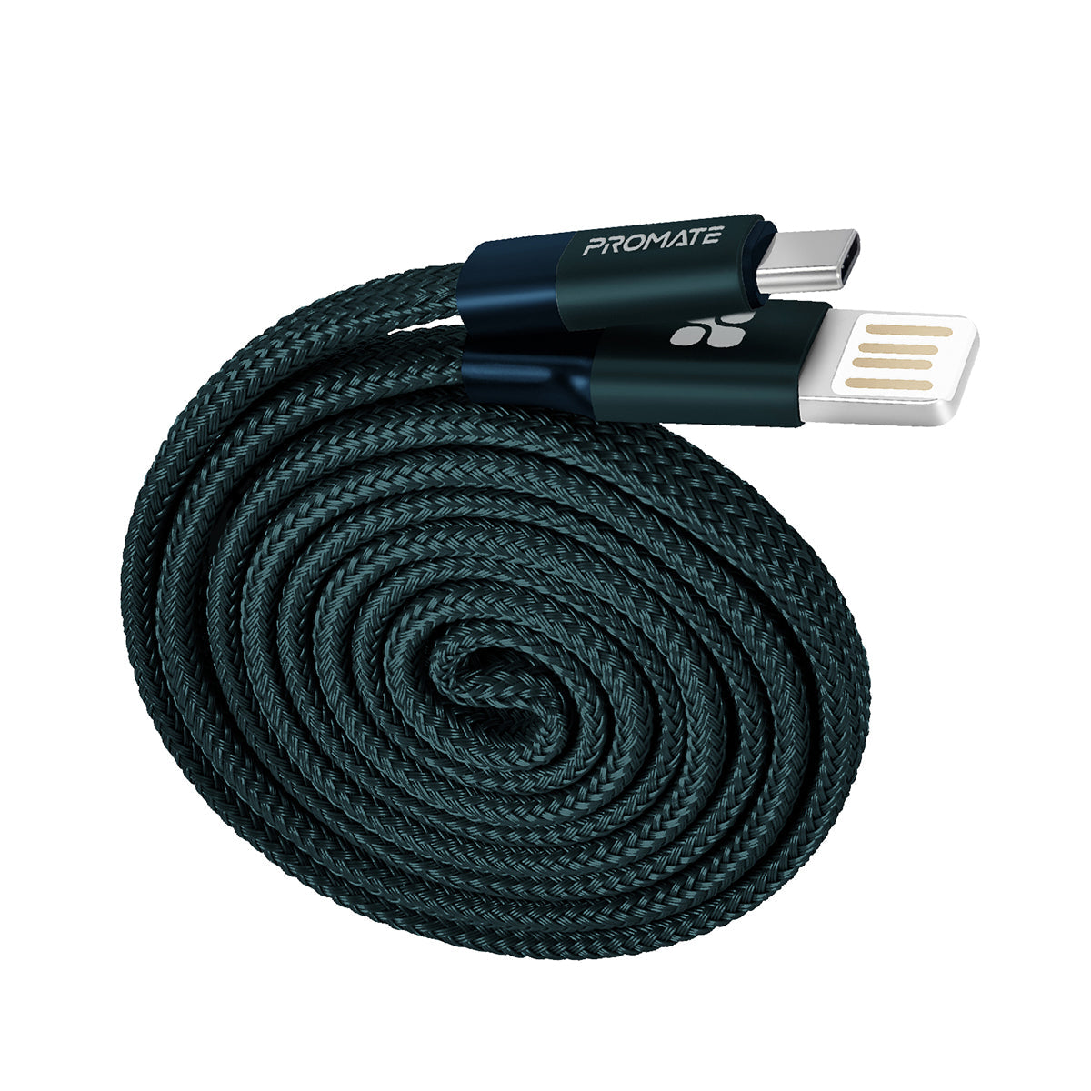 Promate - Auto-Coiling USB-C™ Cable, Premium Fabric Braided Aluminium Alloy Reversible USB-A to Type-C™ Cable With 2A Fast Charge and Sync 1.2 Meter Cord for All Type-C™ Smartphones, Tablet, Coiline-C Blue