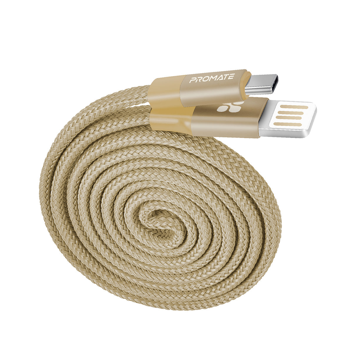 Promate - Auto-Coiling USB-C™ Cable, Premium Fabric Braided Aluminium Alloy Reversible USB-A to Type-C™ Cable With 2A Fast Charge and Sync 1.2 Meter Cord for All Type-C™ Smartphones, Tablet, Coiline-C Gold