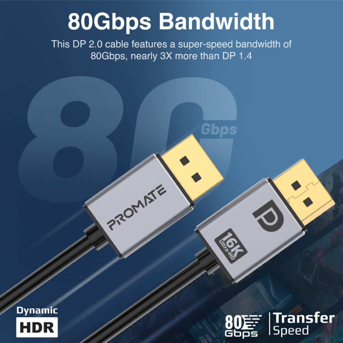 Promate DisplayPort 2.0 Cable with HD 16K@60Hz Display, 80Gbps Bandwidth and 2m Slim Cable, DPLink-16K
