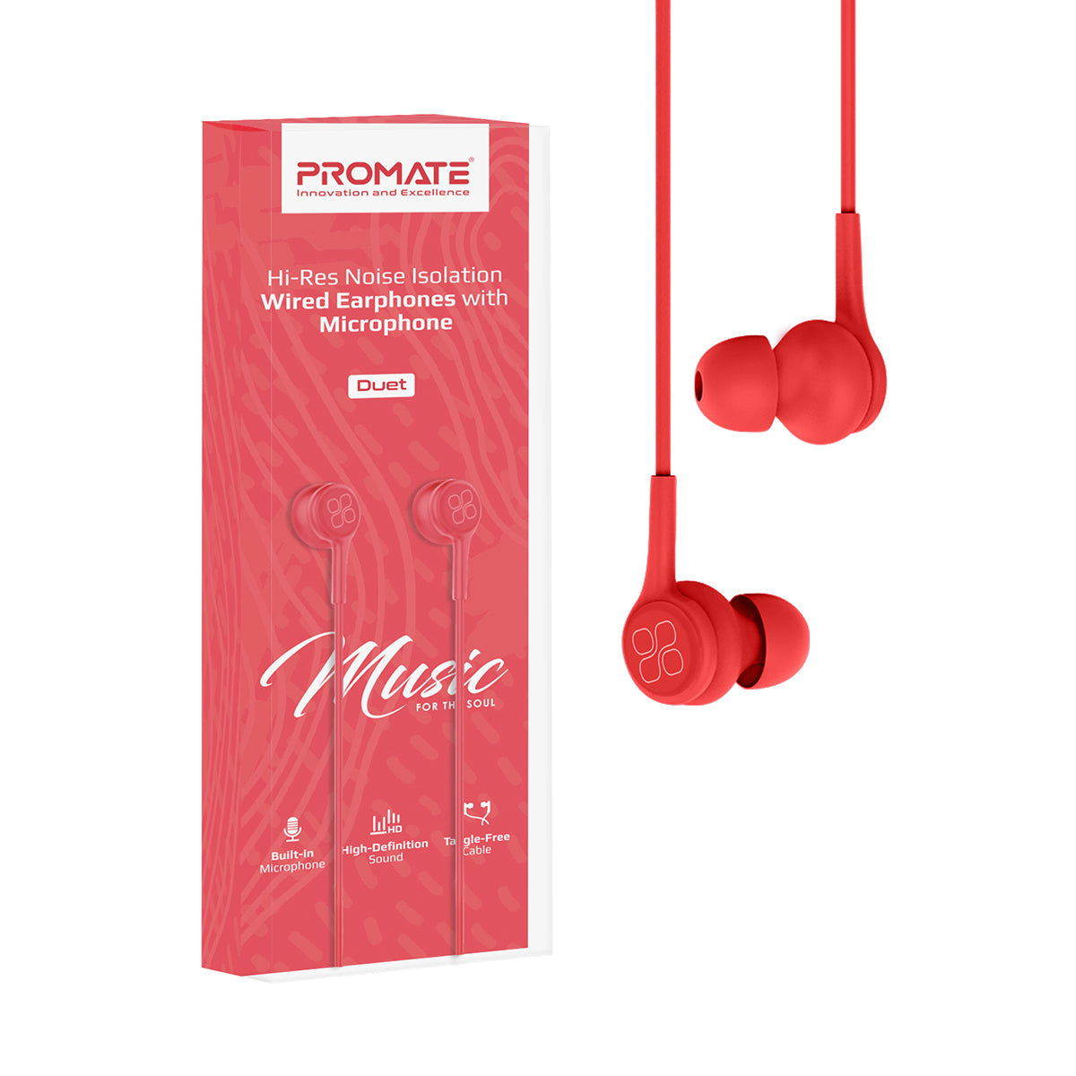Promate - In-Ear Earphones, Universal Dynamic Hi-Res Noise Isolating Wired Earphones with Built-In Mic, Remote Control, HD Sound Quality and 1.2m Tangle-Free Cord for Smartphones, Tablets, Pc, MP3 Player, Duet Red