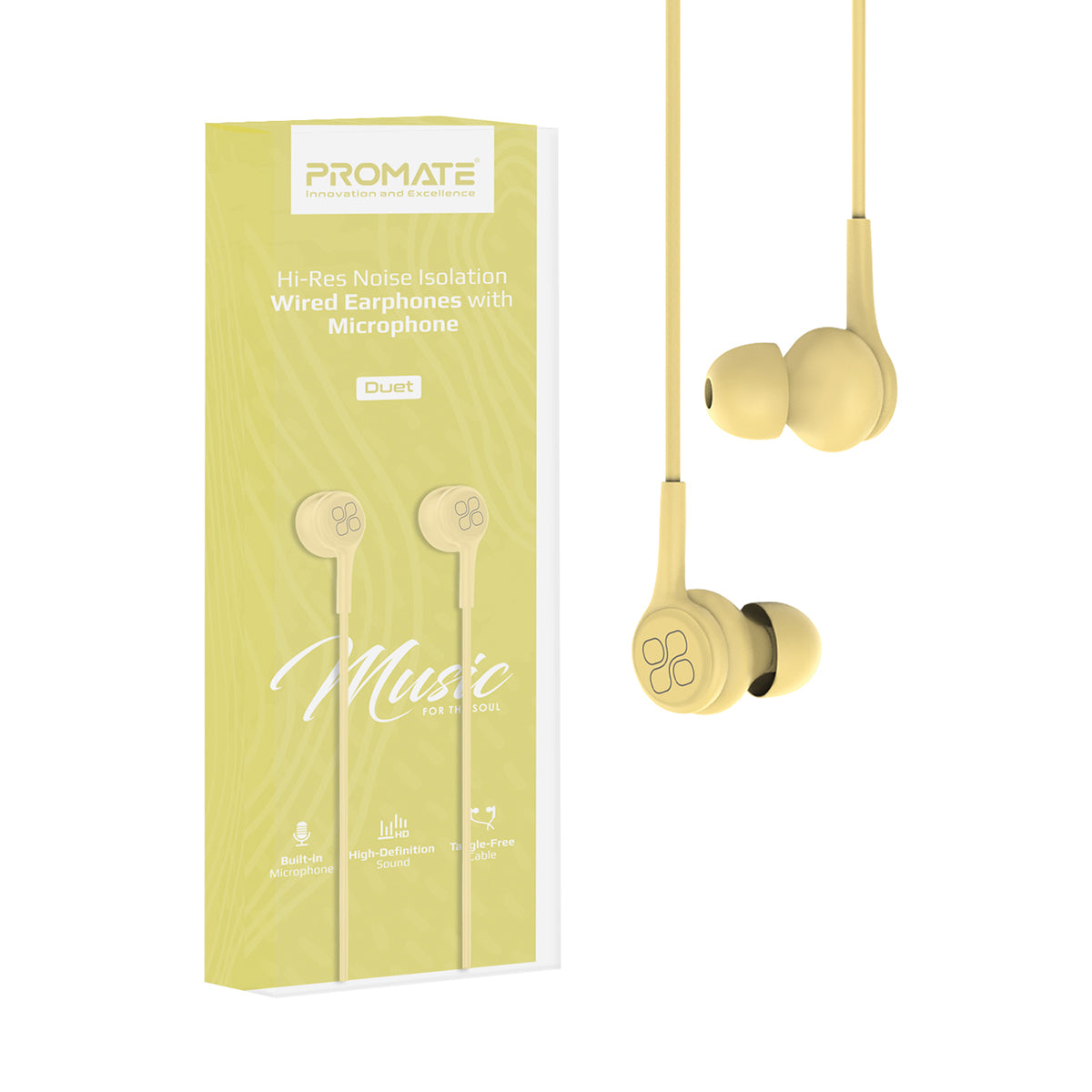 Promate - In-Ear Earphones, Universal Dynamic Hi-Res Noise Isolating Wired Earphones with Built-In Mic, Remote Control, HD Sound Quality and 1.2m Tangle-Free Cord for Smartphones, Tablets, Pc, MP3 Player, Duet Yellow