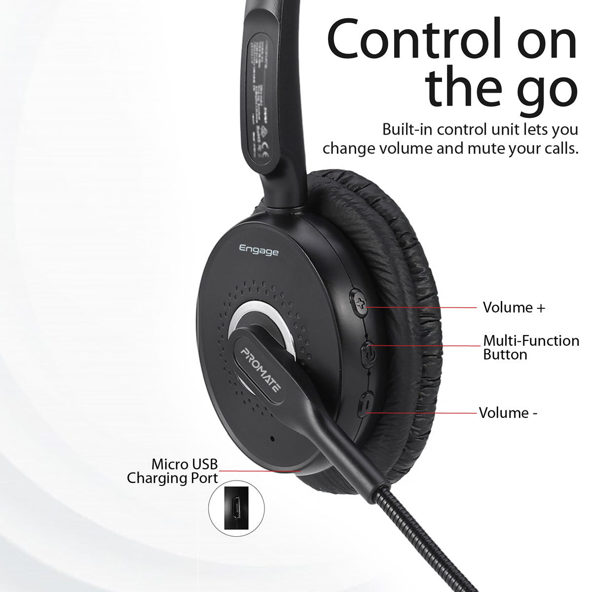 Promate - Wireless Mono Headset, Premium Bluetooth Headphone with Noise Cancelling Mic, HD Voice, Built-In Controls and Adjustable Fit Headband for Skype, Stage Speaker, Teaching, Engage