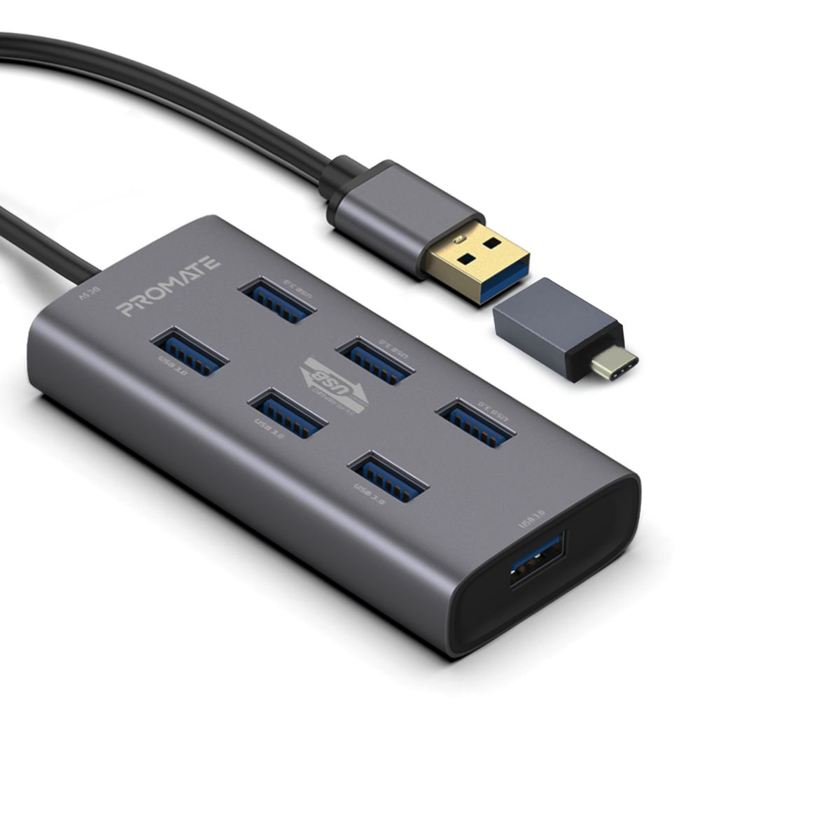 Promate - 7 Port USB 3.0 Hub, Portable Aluminium Alloy Port USB 3.0 Powered Hub with 5Gbps Data Transfer and USB-C™ Power Adapter for MacBook, iMac, Laptop, USB Flash Drive, HDD Hard Drive, EZHub-7