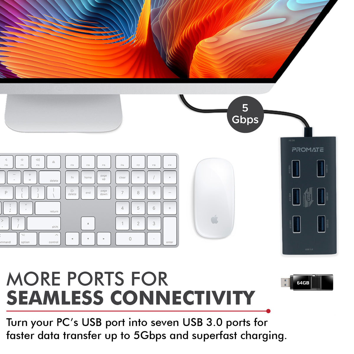 Promate - 7 Port USB 3.0 Hub, Portable Aluminium Alloy Port USB 3.0 Powered Hub with 5Gbps Data Transfer and USB-C™ Power Adapter for MacBook, iMac, Laptop, USB Flash Drive, HDD Hard Drive, EZHub-7