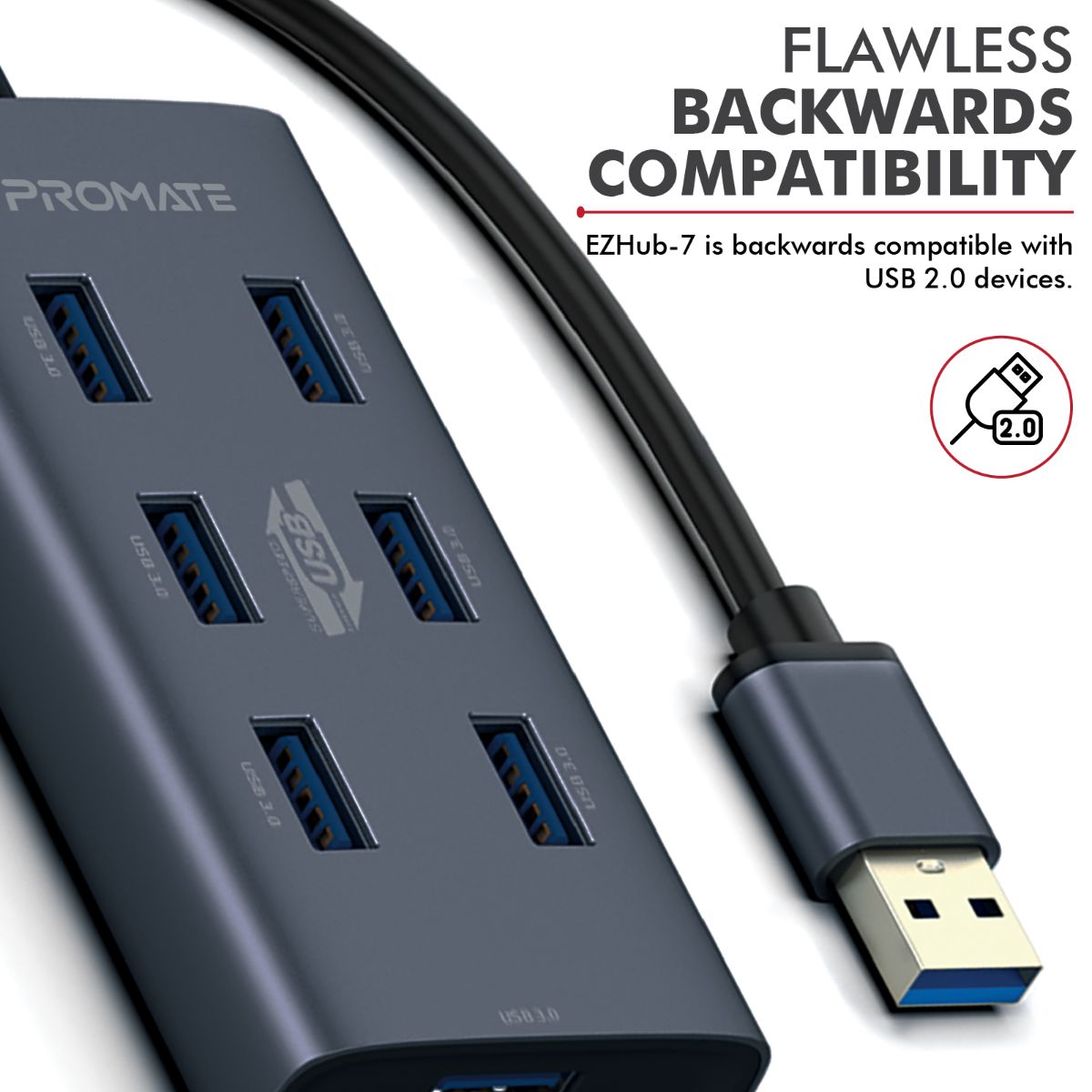 Promate - 7 Port USB 3.0 Hub, Portable Aluminium Alloy Port USB 3.0 Powered Hub with 5Gbps Data Transfer and USB-C™ Power Adapter for MacBook, iMac, Laptop, USB Flash Drive, HDD Hard Drive, EZHub-7