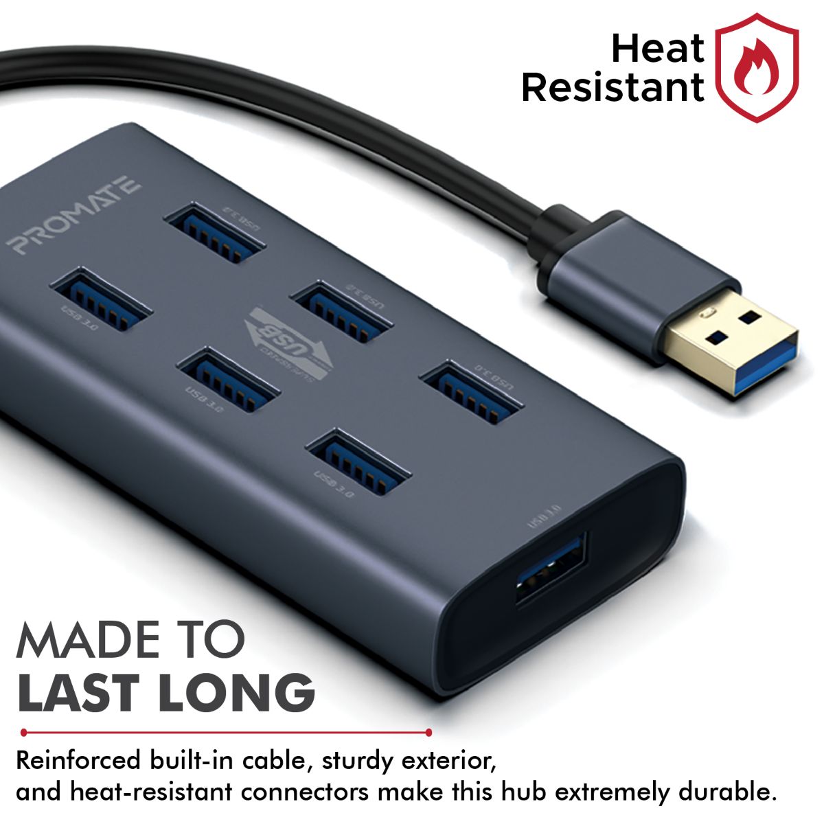 Promate - 7 Port USB 3.0 Hub, Portable Aluminium Alloy Port USB 3.0 Powered Hub with 5Gbps Data Transfer and USB-C™ Power Adapter for MacBook, iMac, Laptop, USB Flash Drive, HDD Hard Drive, EZHub-7