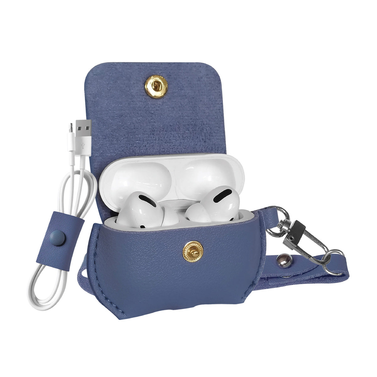 Promate AirPods Pro Case, Elegant Fashion Protective Faux Leather Cover with Wireless Charging Compatible Cover, Anti-Lost Holding Strap and Cable Organizer for Apple AirPods Pro, Fay Blue