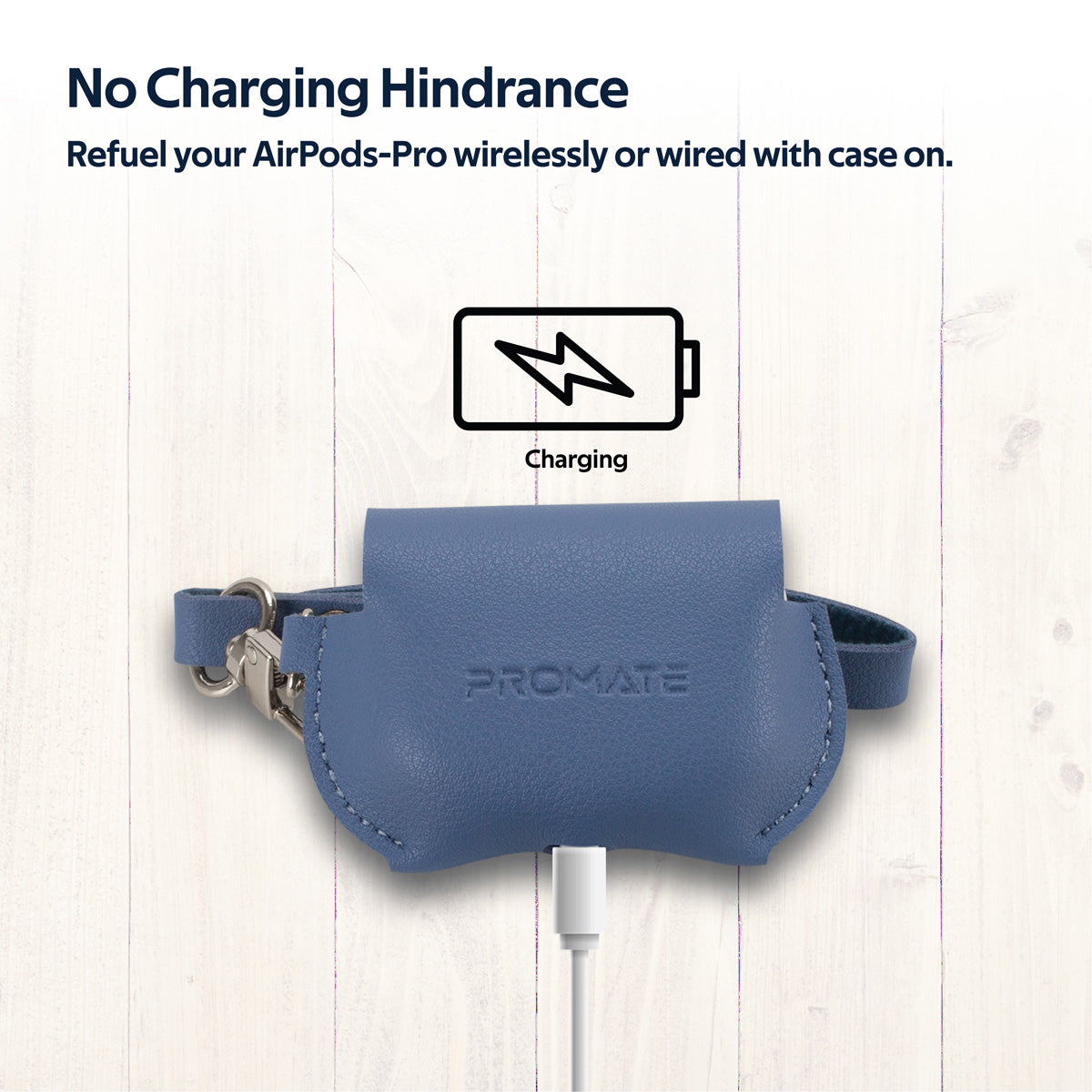 Promate AirPods Pro Case, Elegant Fashion Protective Faux Leather Cover with Wireless Charging Compatible Cover, Anti-Lost Holding Strap and Cable Organizer for Apple AirPods Pro, Fay Blue