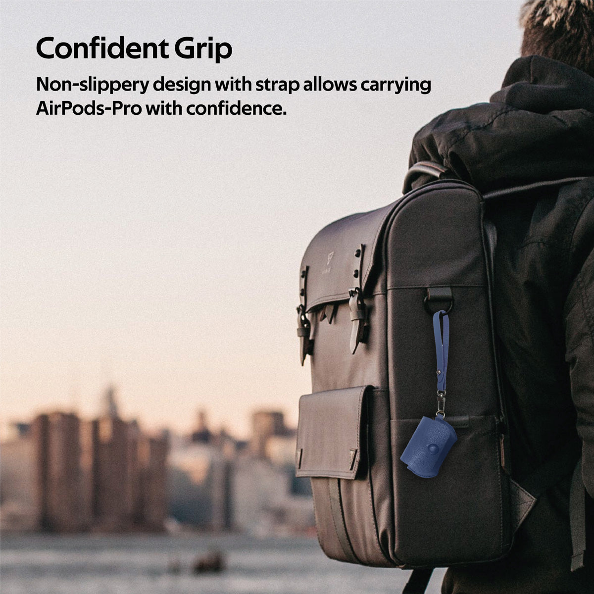 Promate AirPods Pro Case, Elegant Fashion Protective Faux Leather Cover with Wireless Charging Compatible Cover, Anti-Lost Holding Strap and Cable Organizer for Apple AirPods Pro, Fay Blue