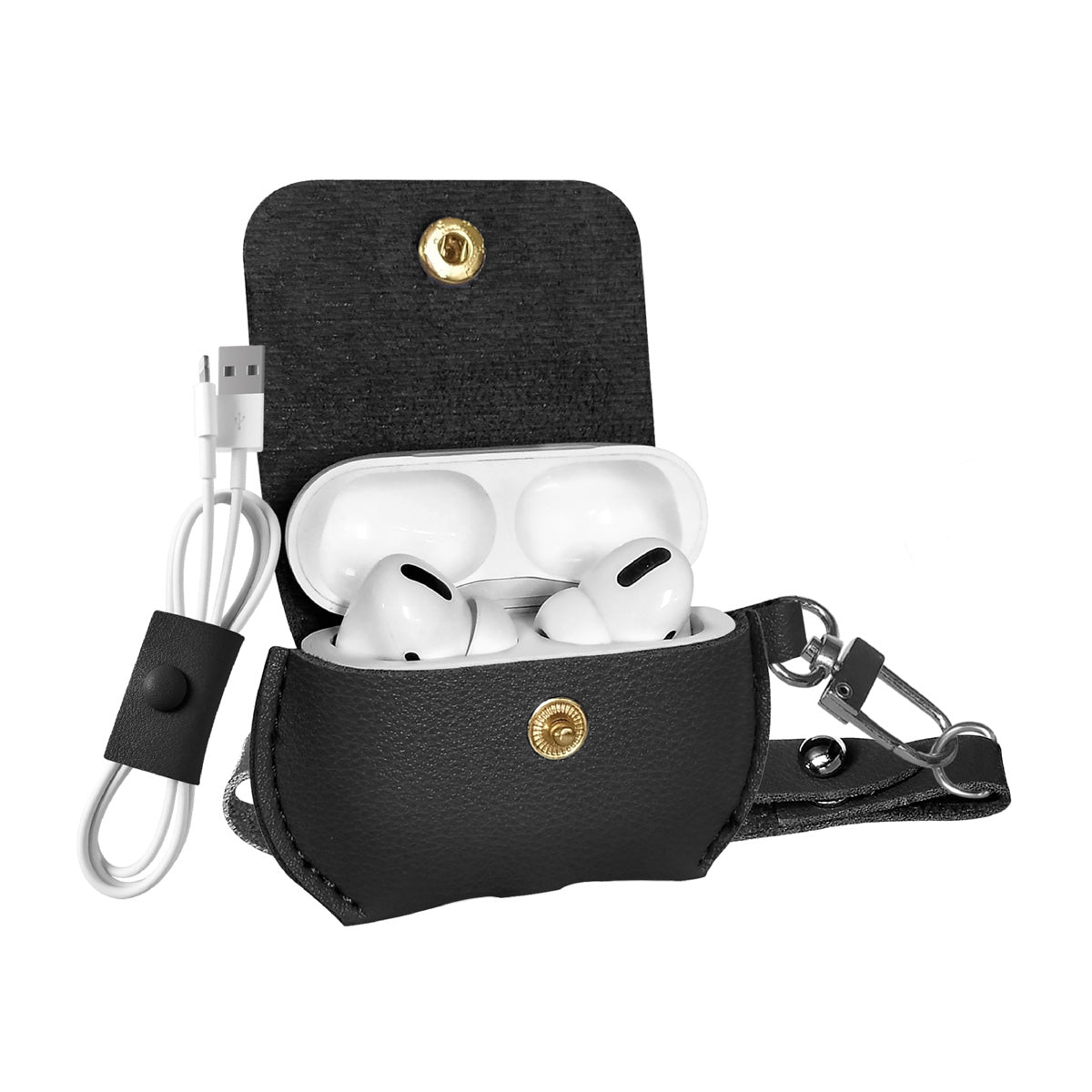 Promate AirPods Pro Case, Elegant Fashion Protective Faux Leather Cover with Wireless Charging Compatible Cover, Anti-Lost Holding Strap and Cable Organizer for Apple AirPods Pro, Fay Black