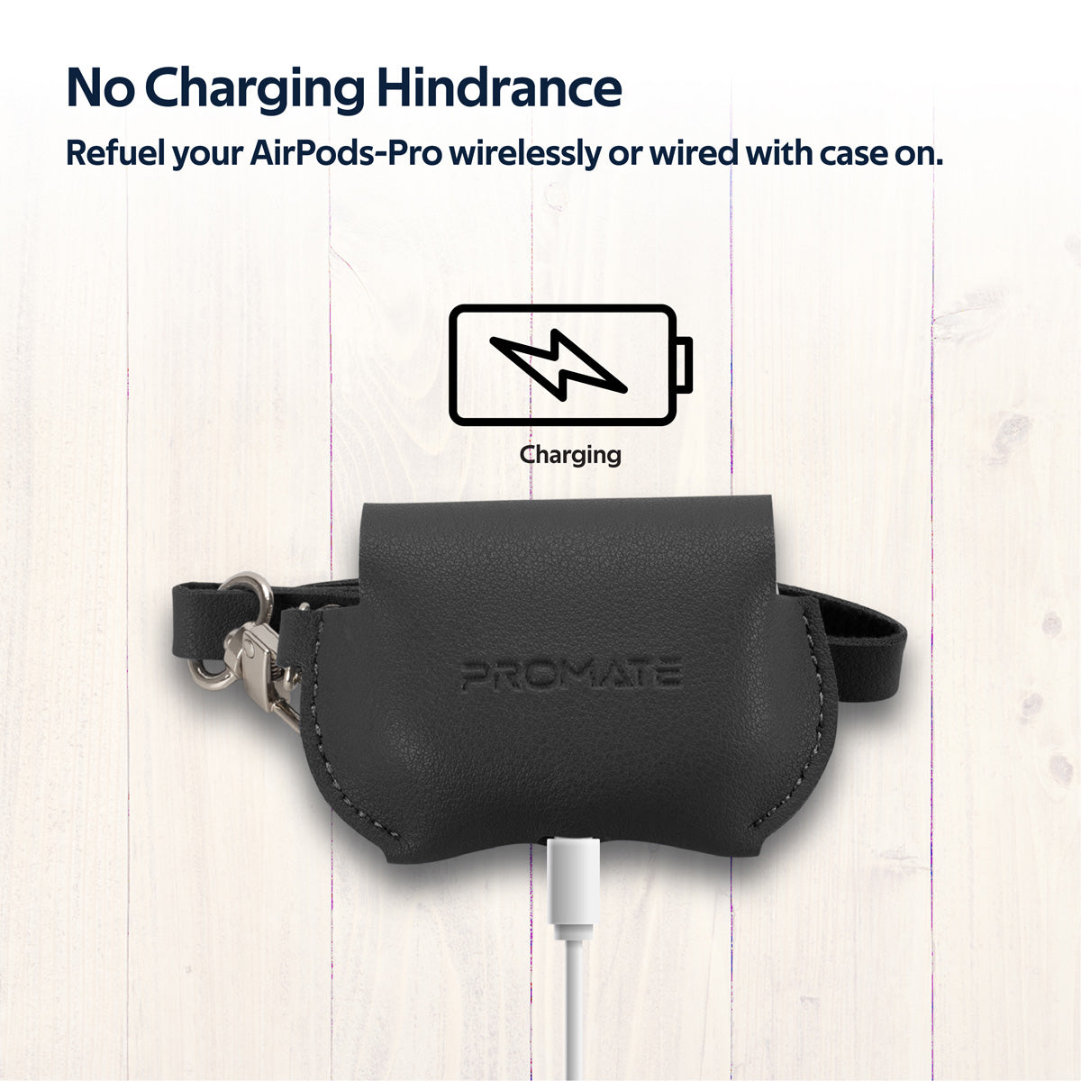 Promate AirPods Pro Case, Elegant Fashion Protective Faux Leather Cover with Wireless Charging Compatible Cover, Anti-Lost Holding Strap and Cable Organizer for Apple AirPods Pro, Fay Black