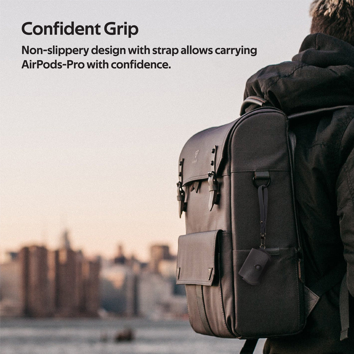 Promate AirPods Pro Case, Elegant Fashion Protective Faux Leather Cover with Wireless Charging Compatible Cover, Anti-Lost Holding Strap and Cable Organizer for Apple AirPods Pro, Fay Black
