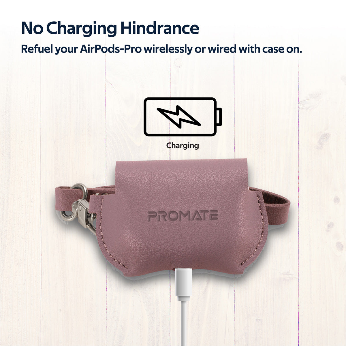Promate AirPods Pro Case, Elegant Fashion Protective Faux Leather Cover with Wireless Charging Compatible Cover, Anti-Lost Holding Strap and Cable Organizer for Apple AirPods Pro, Fay Purple