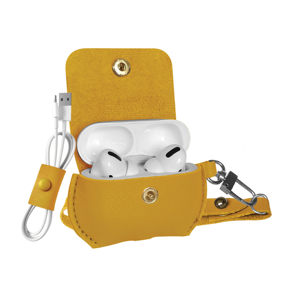 Promate AirPods Pro Case, Elegant Fashion Protective Faux Leather Cover with Wireless Charging Compatible Cover, Anti-Lost Holding Strap and Cable Organizer for Apple AirPods Pro, Fay Yellow