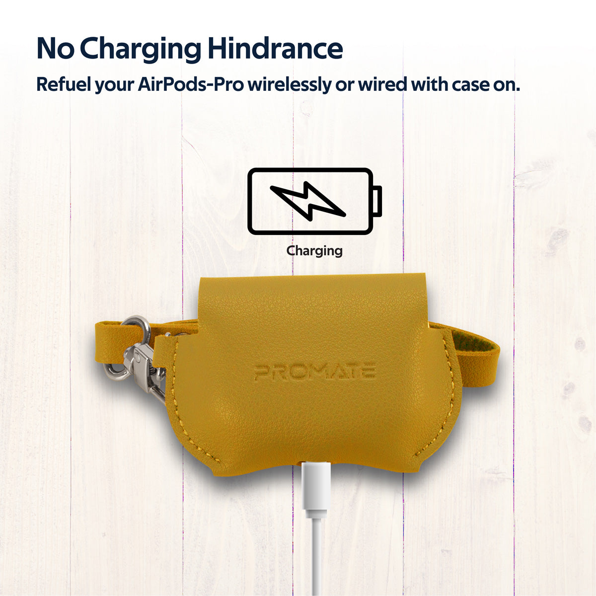 Promate AirPods Pro Case, Elegant Fashion Protective Faux Leather Cover with Wireless Charging Compatible Cover, Anti-Lost Holding Strap and Cable Organizer for Apple AirPods Pro, Fay Yellow