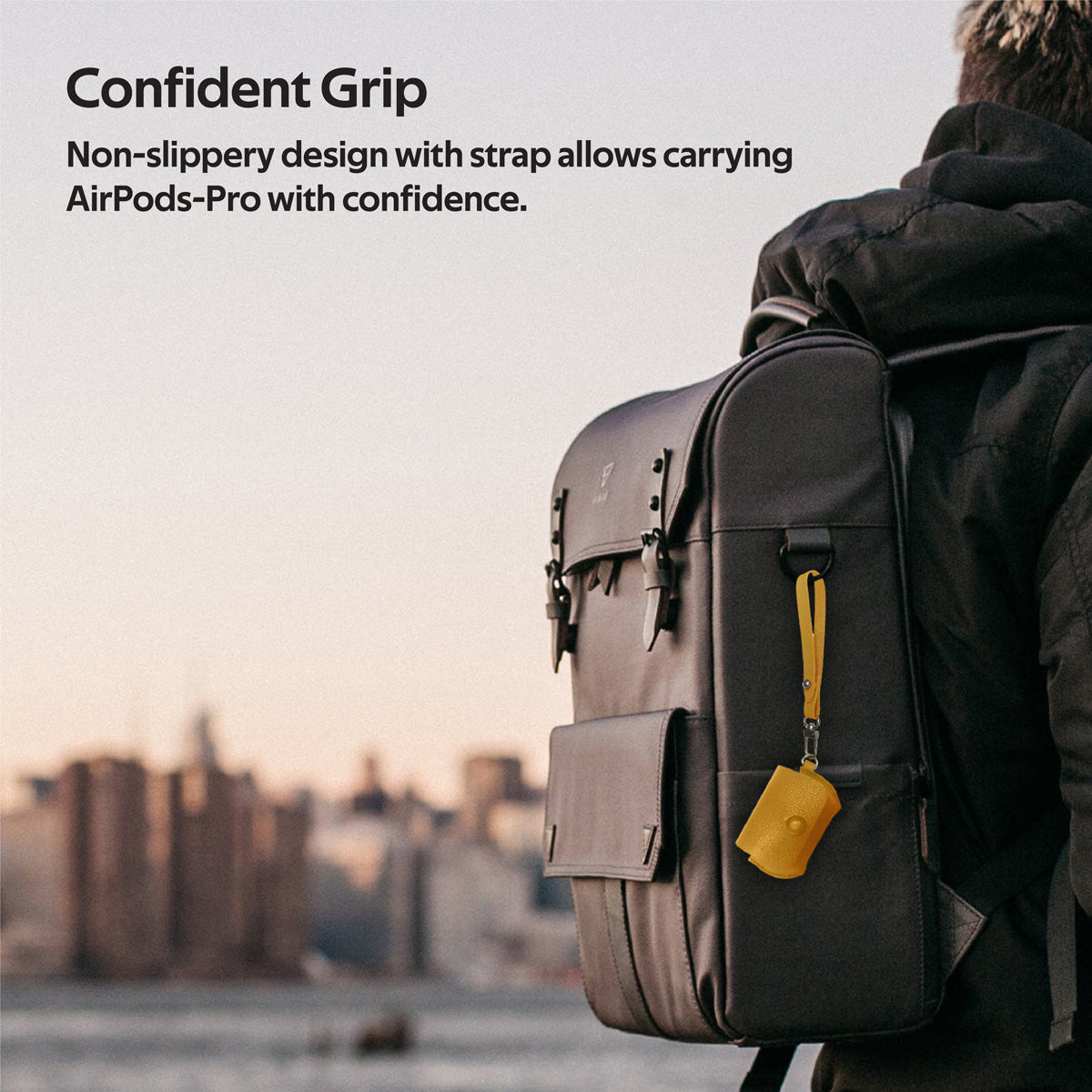 Promate AirPods Pro Case, Elegant Fashion Protective Faux Leather Cover with Wireless Charging Compatible Cover, Anti-Lost Holding Strap and Cable Organizer for Apple AirPods Pro, Fay Yellow