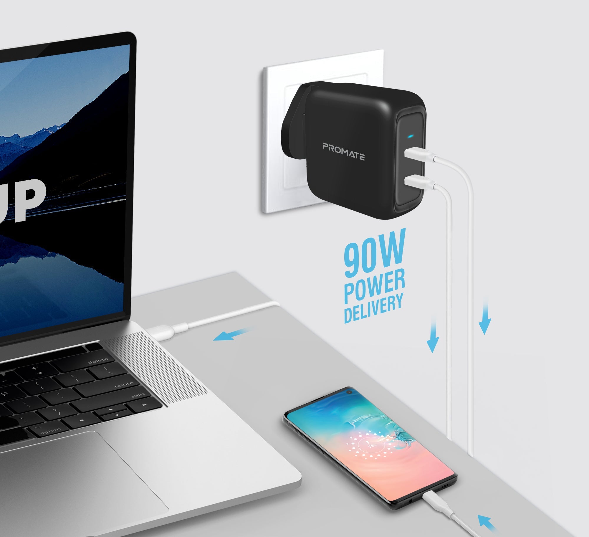 Promate GaN USB-C Charger, Powerful 90W Dual USB-C Laptop Charger with Fast Charging GaN Technology Power Delivery Wall Adaptor and Adaptive Fast Charging for MacBook Pro, iPad Pro, iPhone 12 Series, iPad Air, GaNPort-90PD