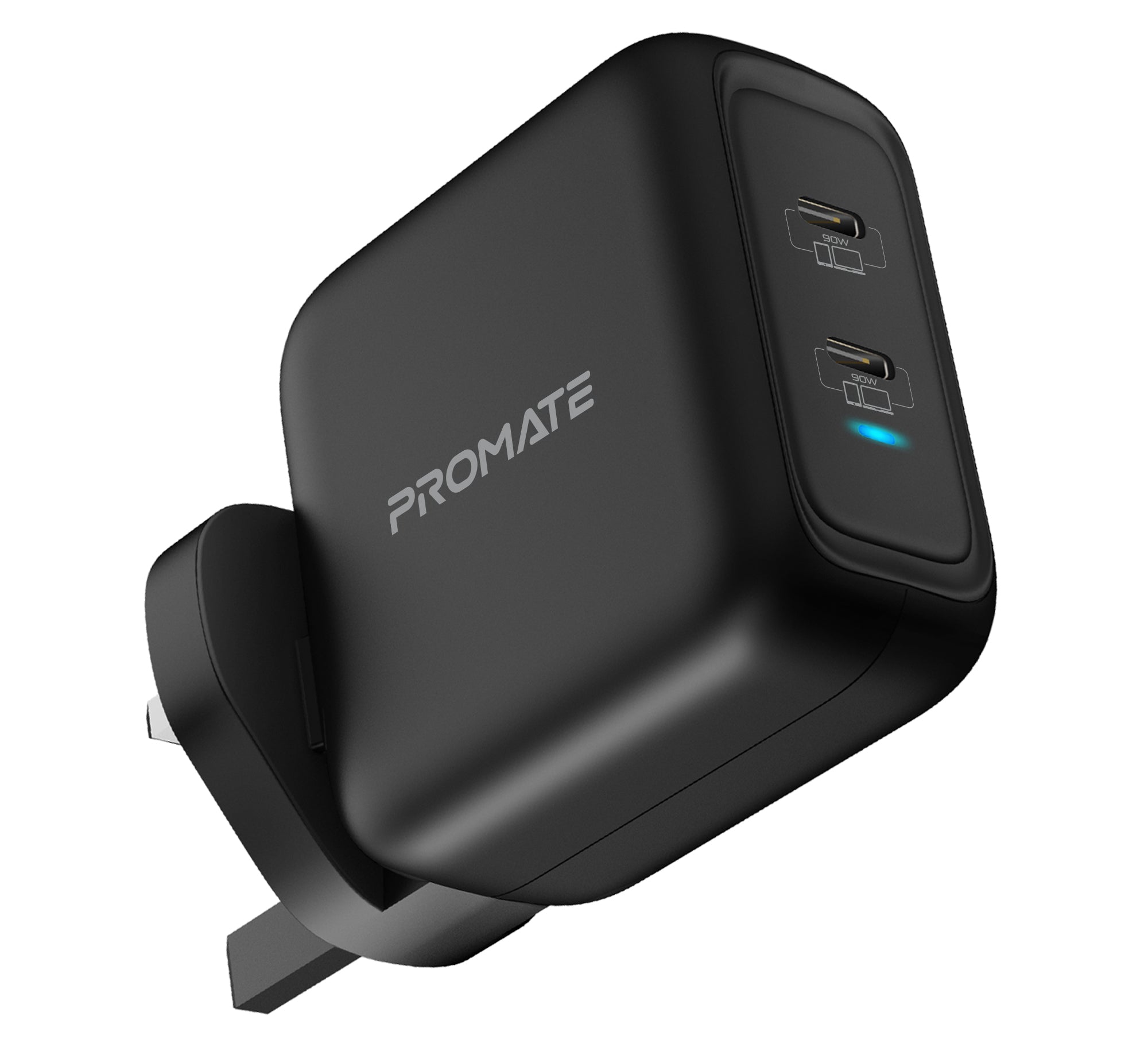 Promate GaN USB-C Charger, Powerful 90W Dual USB-C Laptop Charger with Fast Charging GaN Technology Power Delivery Wall Adaptor and Adaptive Fast Charging for MacBook Pro, iPad Pro, iPhone 12 Series, iPad Air, GaNPort-90PD
