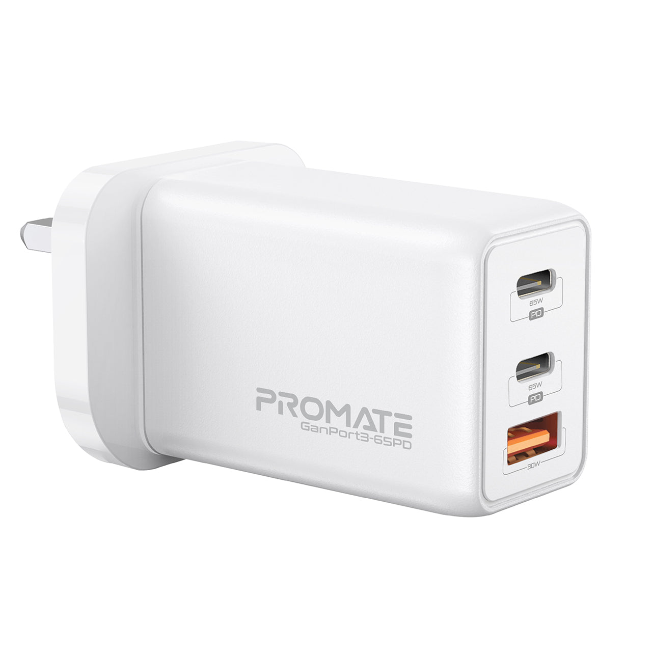 Promate GaN 65W USB-C Laptop Charger, Dual 65W USB Type-C Fast Charging Power Delivery Wall Adapter with 30W USB-A Charging Port and Over-Charging Protection for MacBook Pro, iPhone 12/ 12 Pro/12 Pro Max, iPad Pro, iPad Air, GaNPort3-65PD White
