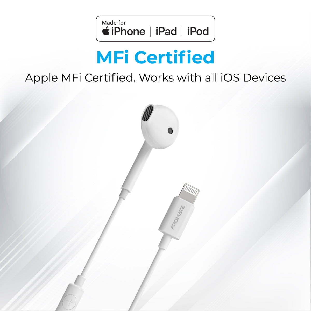 Promate Earbuds with Lightning Connector, In-Ear Apple MFi Certified Mono Earphone with Mic and In-Line Volume Control for iPhone 12/12 Mini/12 Pro Max/12 Pro and Lightning Connector Devices, GearPod-LT White