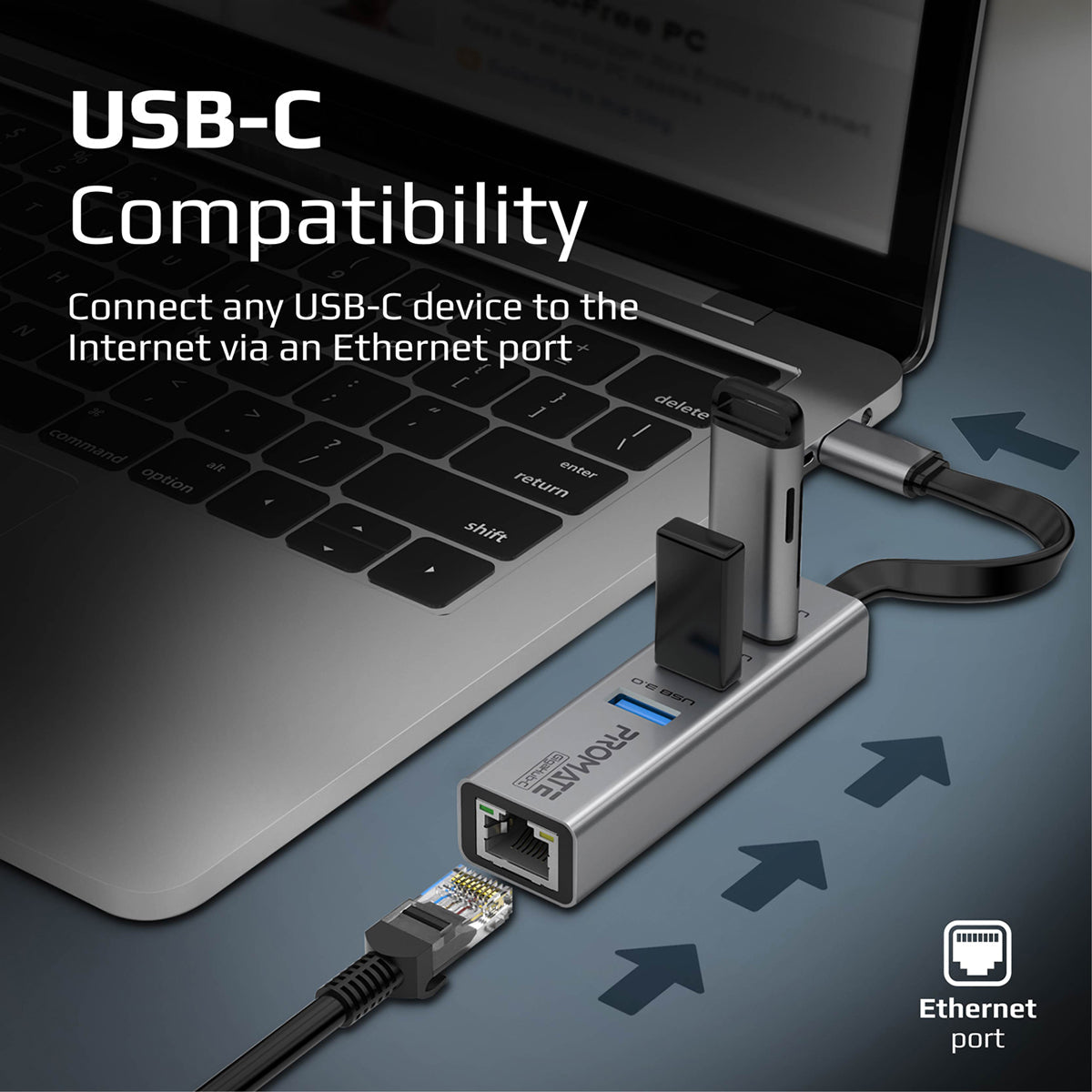Promate USB-C Hub with Ethernet Adapter, Multiport USB-C to 1000Mbps RJ45 Network Adapter with Ultra-Fast 3 USB Ports, 5 Gbps Data Transfer Speed for MacBook Pro/Air, iMac, iPad Pro, Surface, XPS, GigaHub-C
