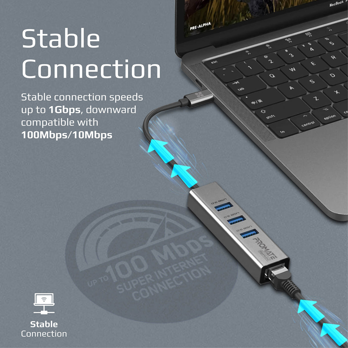 Promate USB-C Hub with Ethernet Adapter, Multiport USB-C to 1000Mbps RJ45 Network Adapter with Ultra-Fast 3 USB Ports, 5 Gbps Data Transfer Speed for MacBook Pro/Air, iMac, iPad Pro, Surface, XPS, GigaHub-C