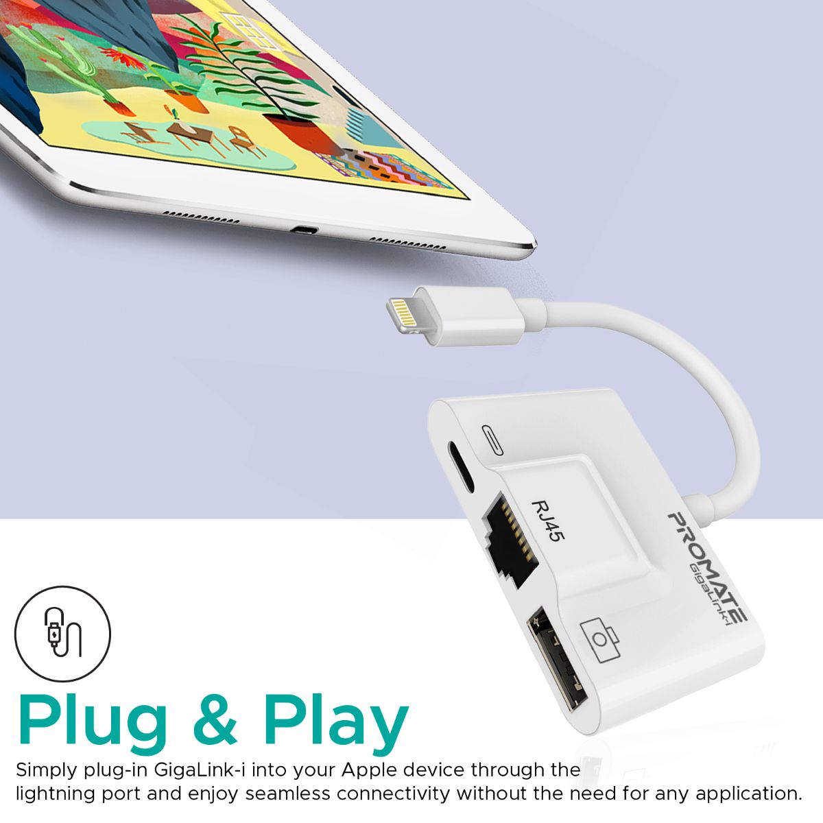 Promate Lightning Hub, 3 in 1 RJ45 Ethernet LAN Wired Network Adapter with USB OTG Camera Adapter Kit and 2A Pass-Through Charging and Syncing Adapter for iPhone XS Plus/iPad/iPad Pro, GigaLink-I White