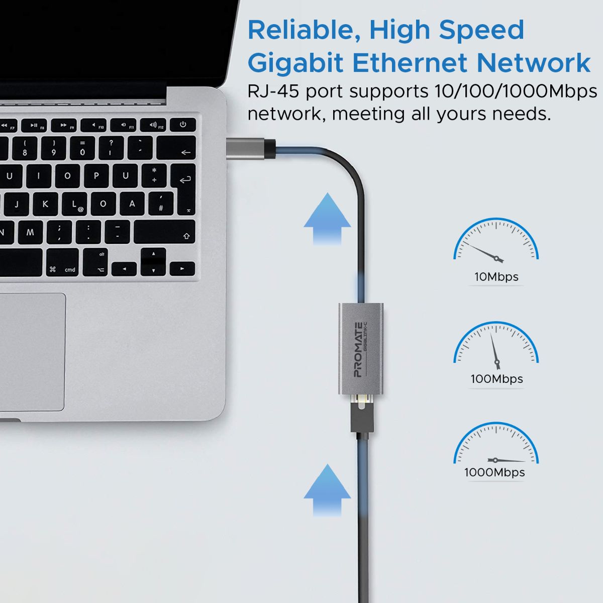 Promate - USB-C™ to Ethernet Adapter, Aluminium High-Speed USB Type-C™ to 1Gbps RJ45 Gigabit Ethernet LAN Network Adapter for MacBook Pro, MacBook Air, Surface book, Chromebook, XPS, Samsung S10, S10+, GigaLink-C  Grey