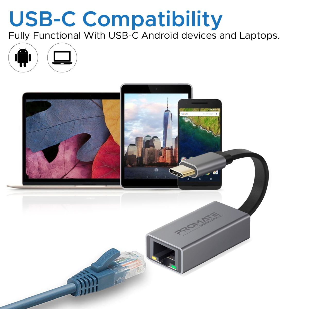 Promate - USB-C™ to Ethernet Adapter, Aluminium High-Speed USB Type-C™ to 1Gbps RJ45 Gigabit Ethernet LAN Network Adapter for MacBook Pro, MacBook Air, Surface book, Chromebook, XPS, Samsung S10, S10+, GigaLink-C  Grey