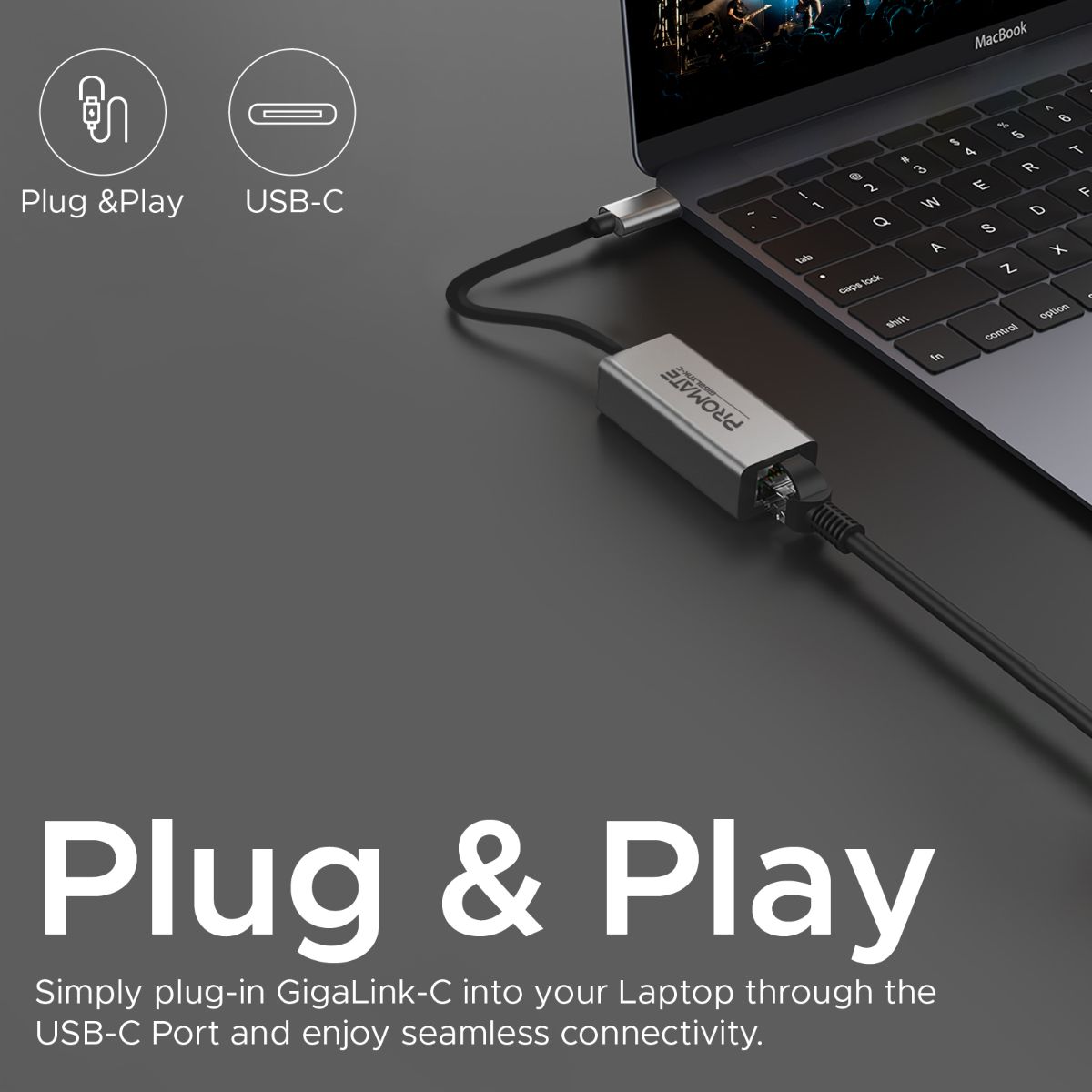Promate - USB-C™ to Ethernet Adapter, Aluminium High-Speed USB Type-C™ to 1Gbps RJ45 Gigabit Ethernet LAN Network Adapter for MacBook Pro, MacBook Air, Surface book, Chromebook, XPS, Samsung S10, S10+, GigaLink-C  Grey