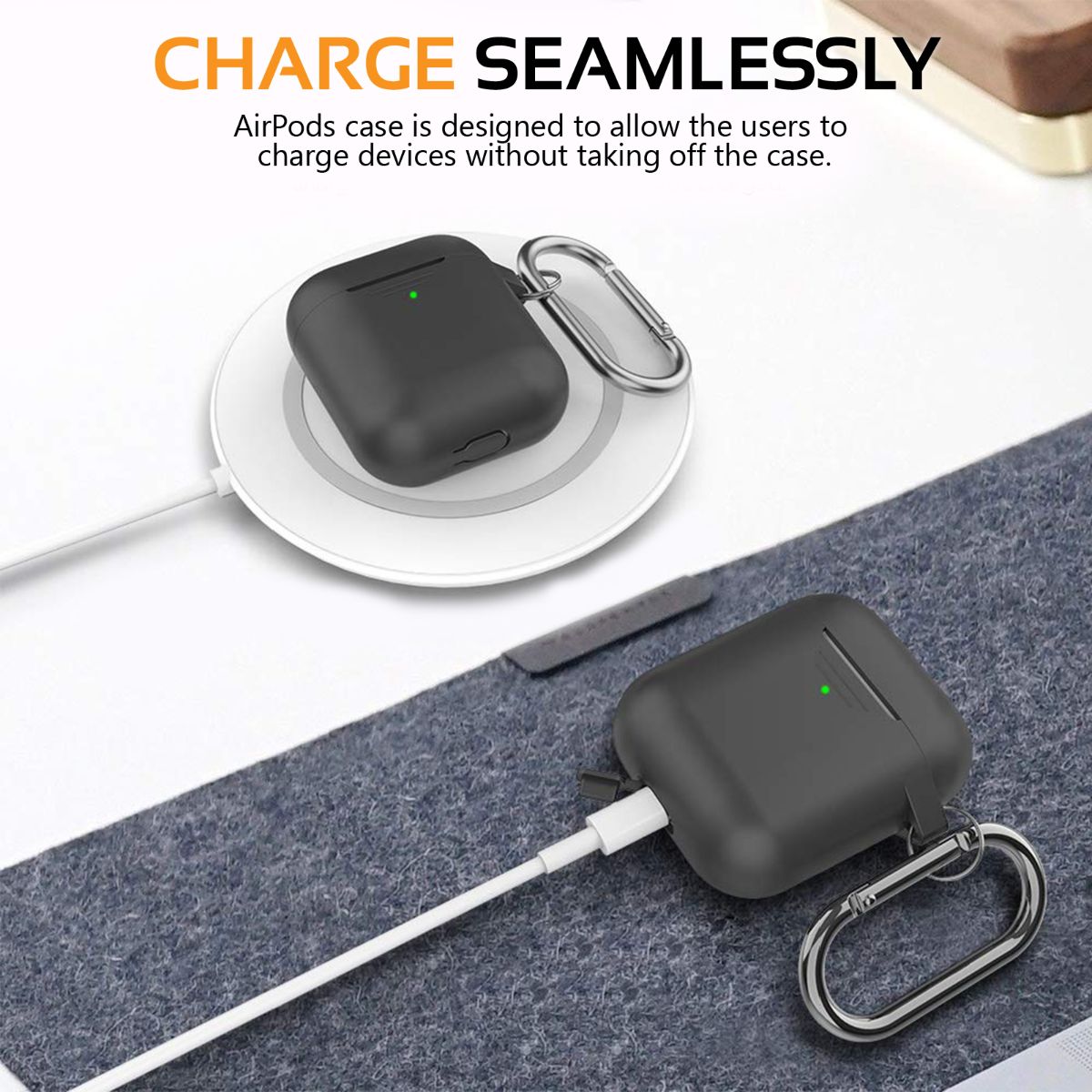 Promate AirPods Case, Lightweight Anti-Slip Soft Silicone 360 Degree Protective Cover with Anti-Lost Carabiner Hook and Wireless Charging Compatible for Apple AirPods and AirPods 2, GripCase Black