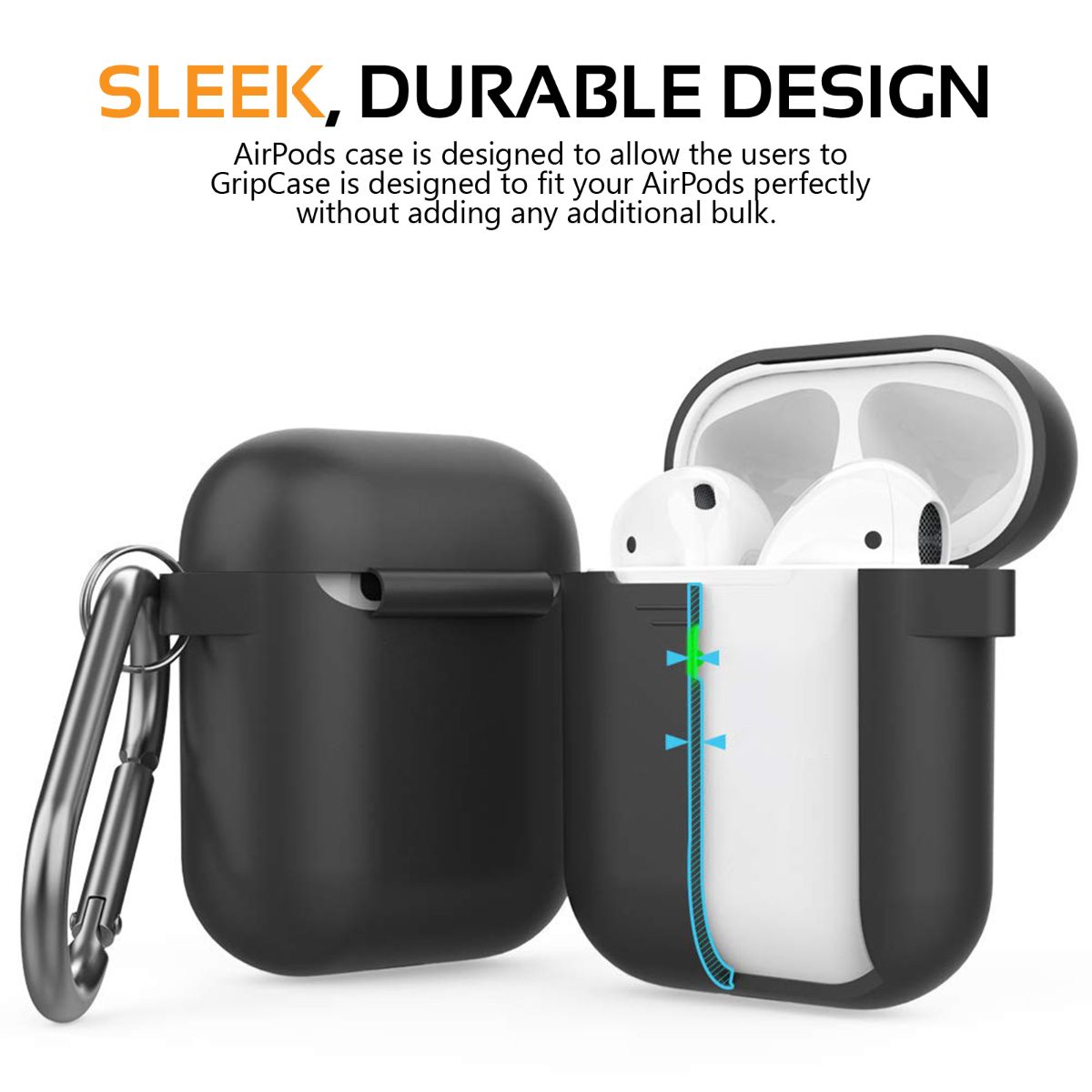 Promate AirPods Case, Lightweight Anti-Slip Soft Silicone 360 Degree Protective Cover with Anti-Lost Carabiner Hook and Wireless Charging Compatible for Apple AirPods and AirPods 2, GripCase Black