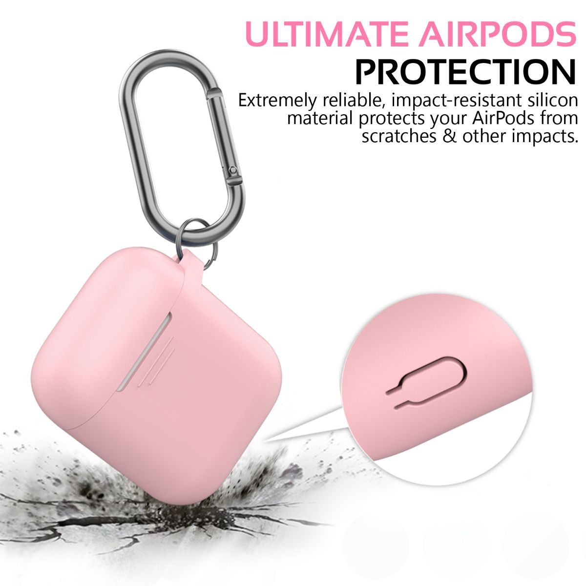 Promate AirPods Case, Lightweight Anti-Slip Soft Silicone 360 Degree Protective Cover with Anti-Lost Carabiner Hook and Wireless Charging Compatible for Apple AirPods and AirPods 2, GripCase Pink