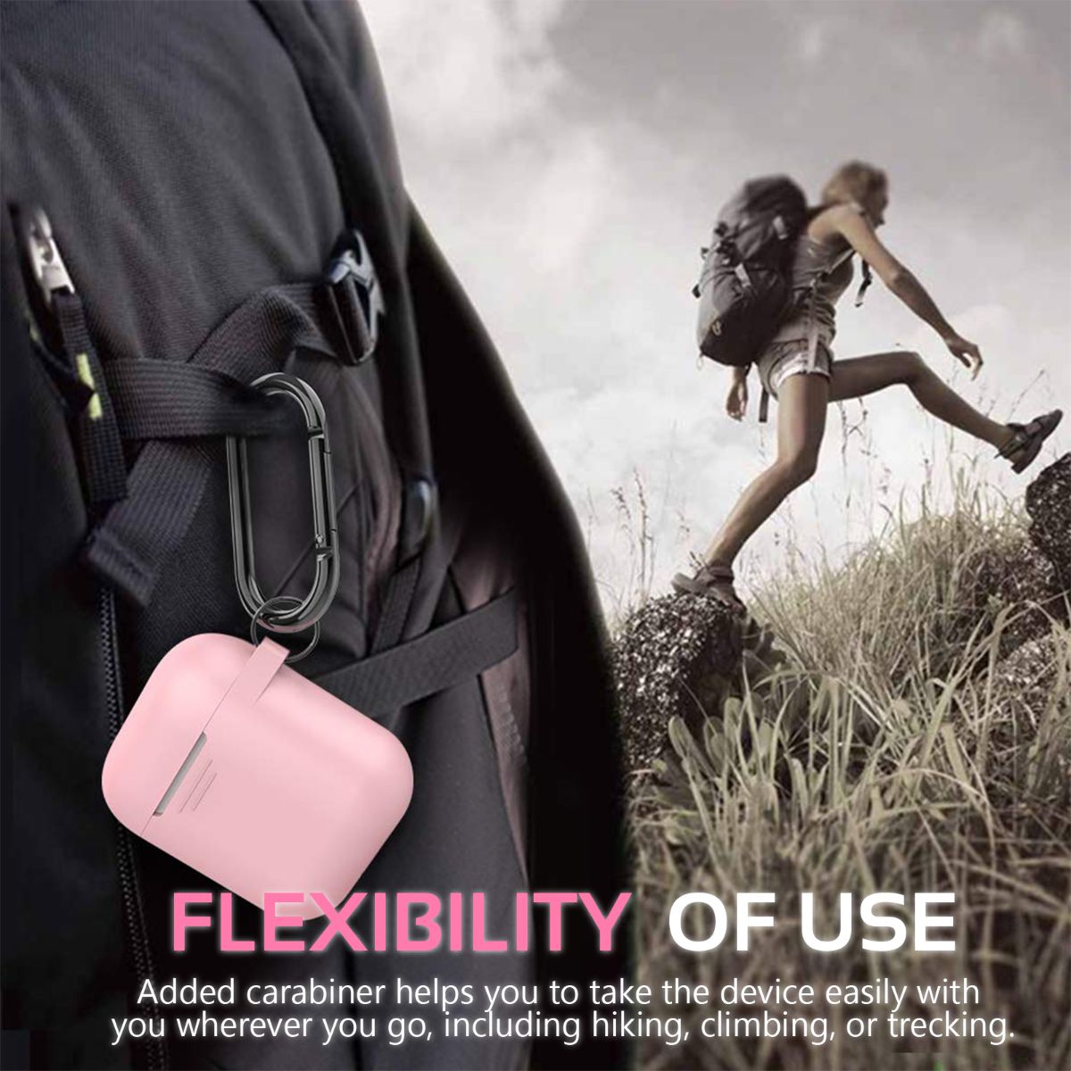 Promate AirPods Case, Lightweight Anti-Slip Soft Silicone 360 Degree Protective Cover with Anti-Lost Carabiner Hook and Wireless Charging Compatible for Apple AirPods and AirPods 2, GripCase Pink