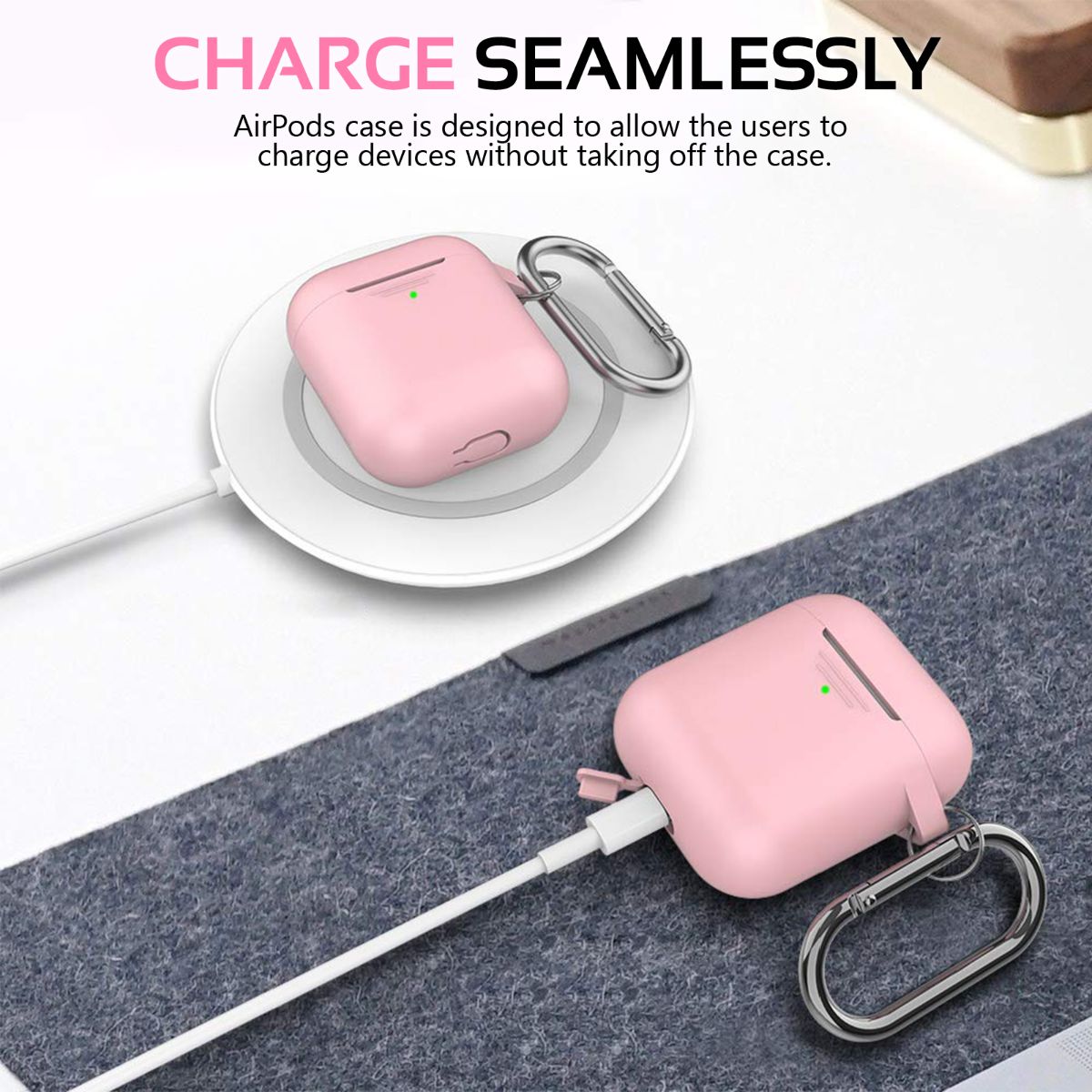 Promate AirPods Case, Lightweight Anti-Slip Soft Silicone 360 Degree Protective Cover with Anti-Lost Carabiner Hook and Wireless Charging Compatible for Apple AirPods and AirPods 2, GripCase Pink