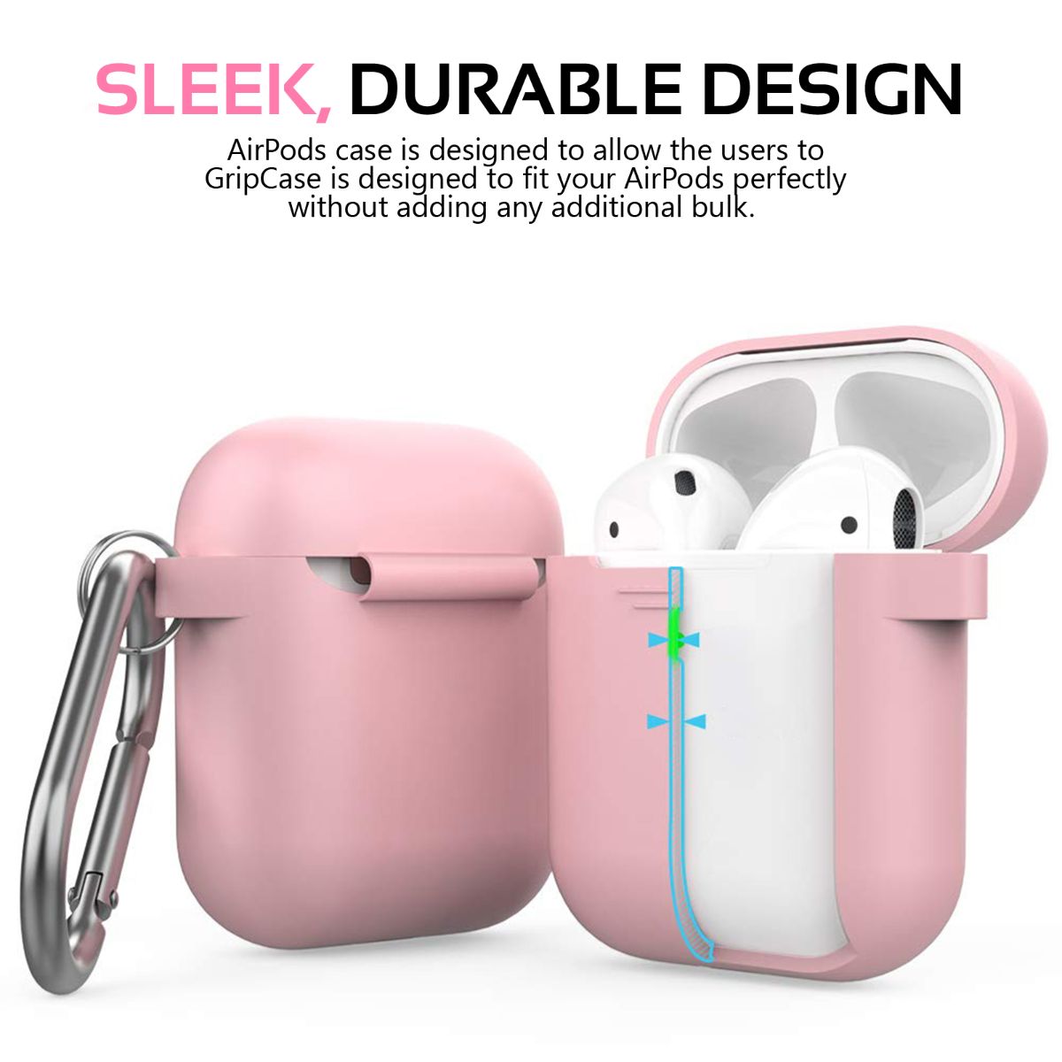 Promate AirPods Case, Lightweight Anti-Slip Soft Silicone 360 Degree Protective Cover with Anti-Lost Carabiner Hook and Wireless Charging Compatible for Apple AirPods and AirPods 2, GripCase Pink