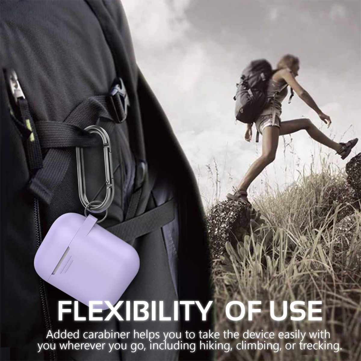 Promate AirPods Case, Lightweight Anti-Slip Soft Silicone 360 Degree Protective Cover with Anti-Lost Carabiner Hook and Wireless Charging Compatible for Apple AirPods and AirPods 2, GripCase Purple